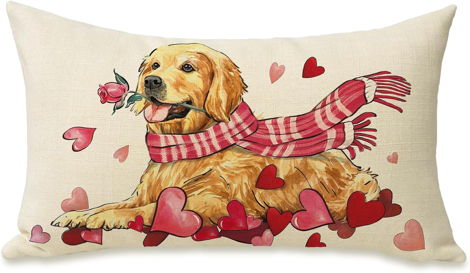 Fahrendom Valentine's Day Lumbar Decorative Rectangle Pillow Cover 12x20, Golden Retriever Dog Puppy Red Love Heart Porch Patio Outdoor Pillowcase, Anniversary Wedding Holiday Cushion Case Home Decor
