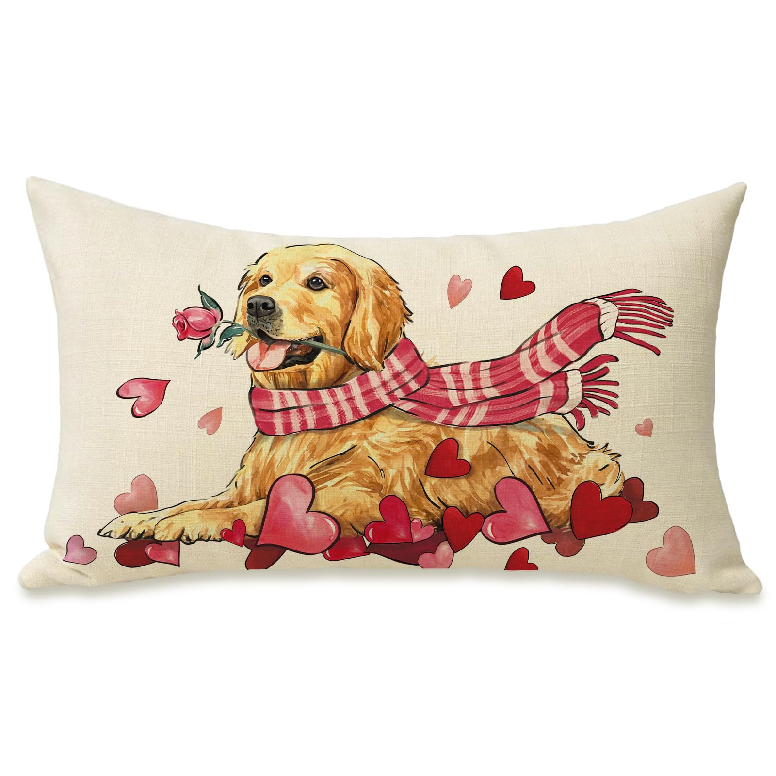 Fahrendom Valentine's Day Lumbar Decorative Rectangle Pillow Cover 12x20, Golden Retriever Dog Puppy Red Love Heart Porch Patio Outdoor Pillowcase,