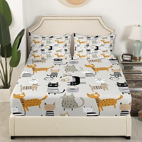 Miniatura 10 de Erosebridal Juego de sábanas de gatos para niñas, juego de sábanas de animales lindos para niños, gris, blanco, naranja, juego de sábanas de gatito,