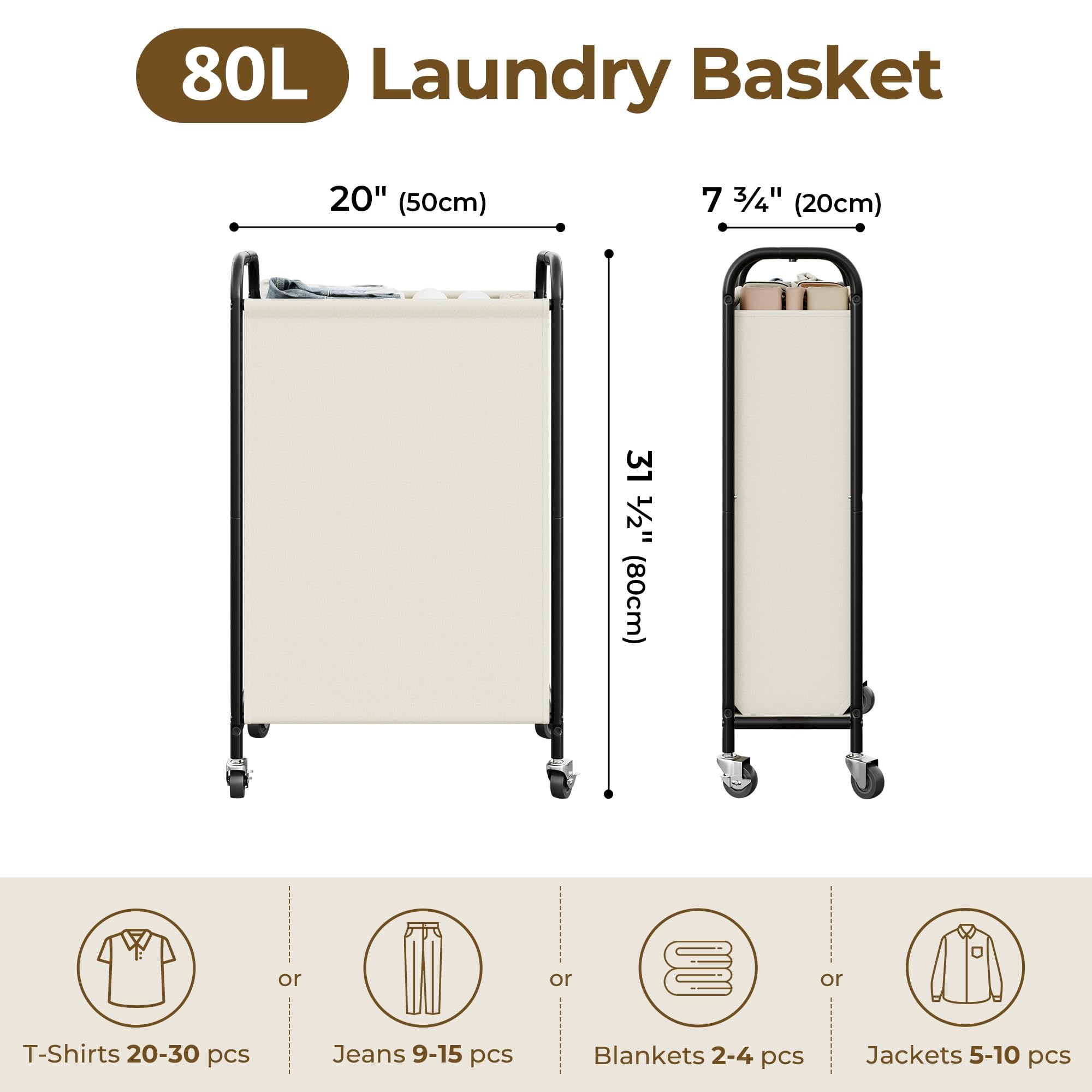 GRANNY SAYS Cesto de la Ropa de 80 Litros con Ruedas, Cesto de Tela con Ruedas, Organizador de Ropa Estrecho, Cesto Alto para Armario, Lavadero o Baño, Slim Laundry Basket, Color Beige
