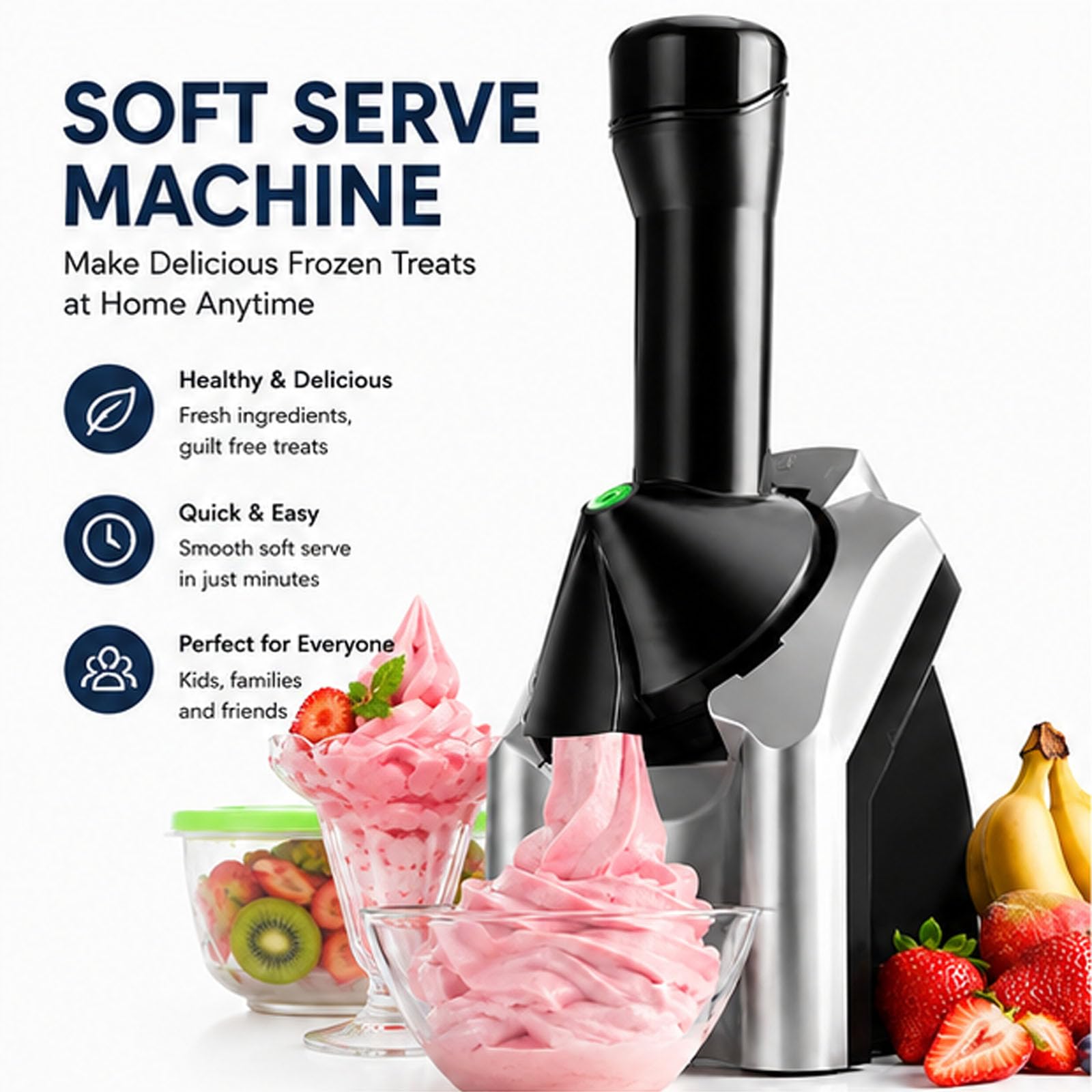 Máquina de Hielo de Fruta congelada 150W | Máquina de Hielo Suave, Sorbete y Slushie | Operación de un Solo botón, fácil de Limpiar y Compacto | Postres saludables para el hogar y Fiestas