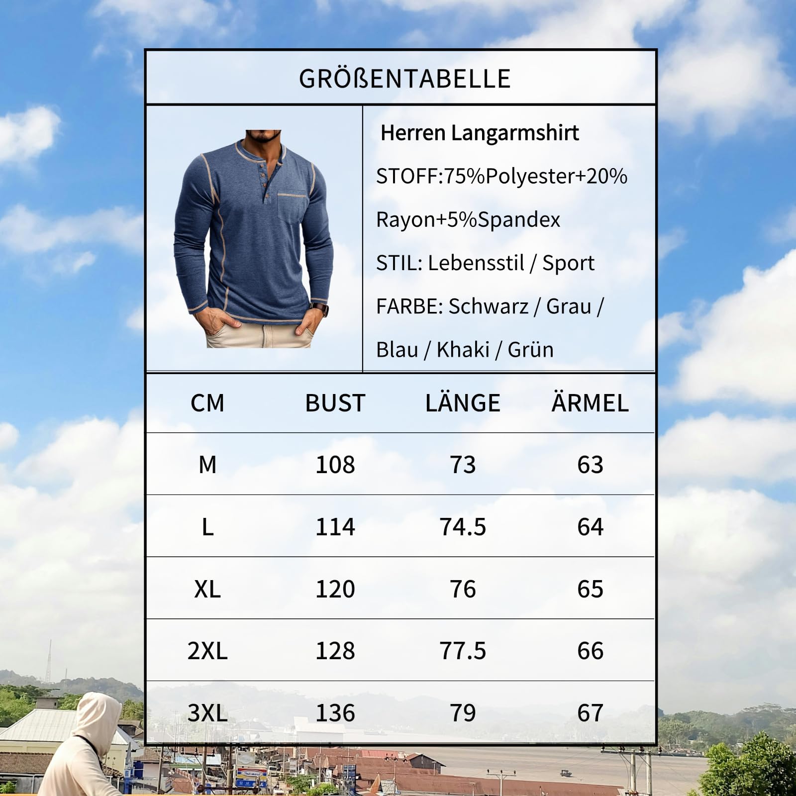 Camiseta de manga larga para hombre, con cuello tunecino en V Henley con bolsillo Polo y botones ligeros, M-3XL