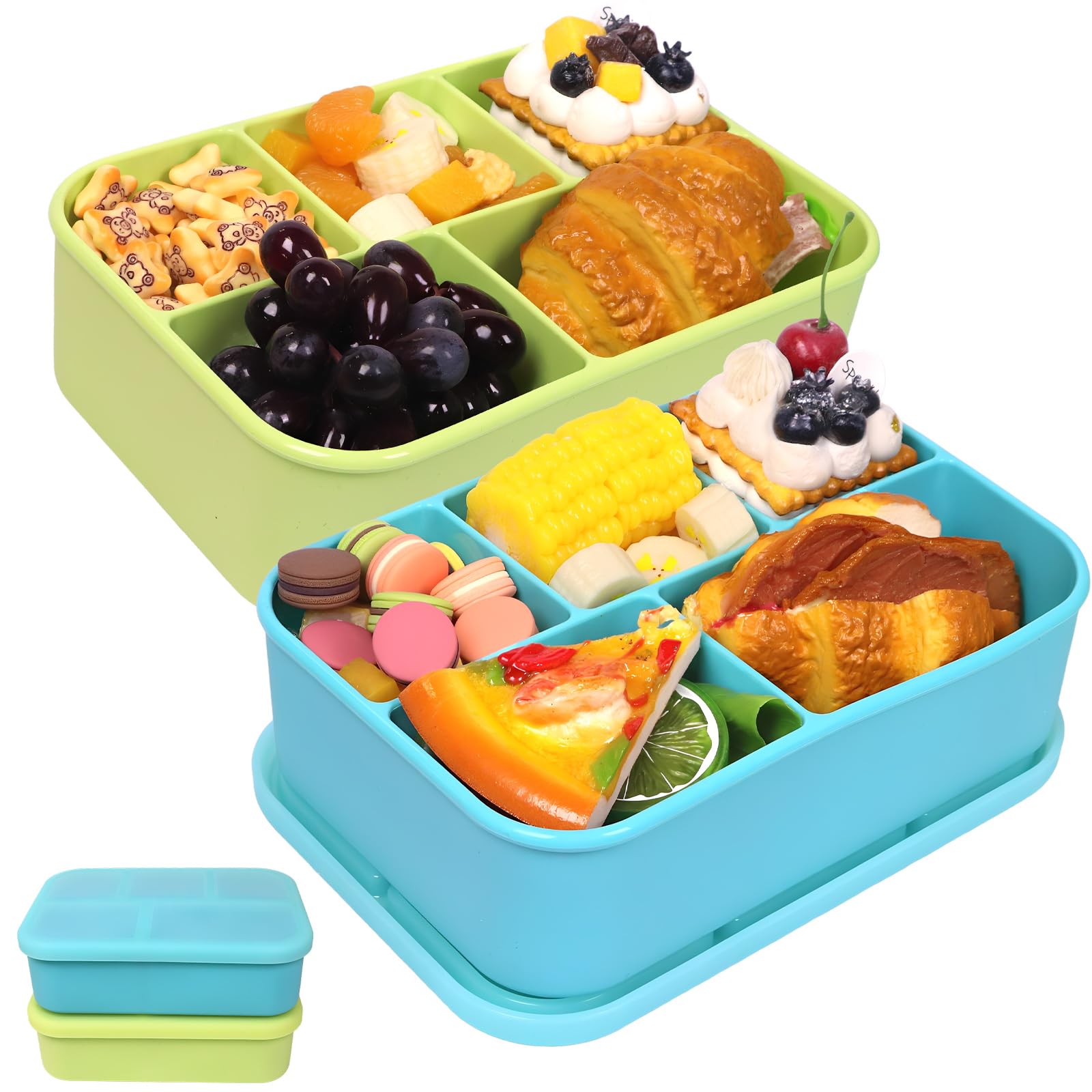 Lot de 2 boîtes à bento en silicone platine avec couvercle, 1,8 l, 5 compartiments étanches, passent au micro-ondes, au congélateur, au lave-vaisselle, sans BPA (bleu + vert)
