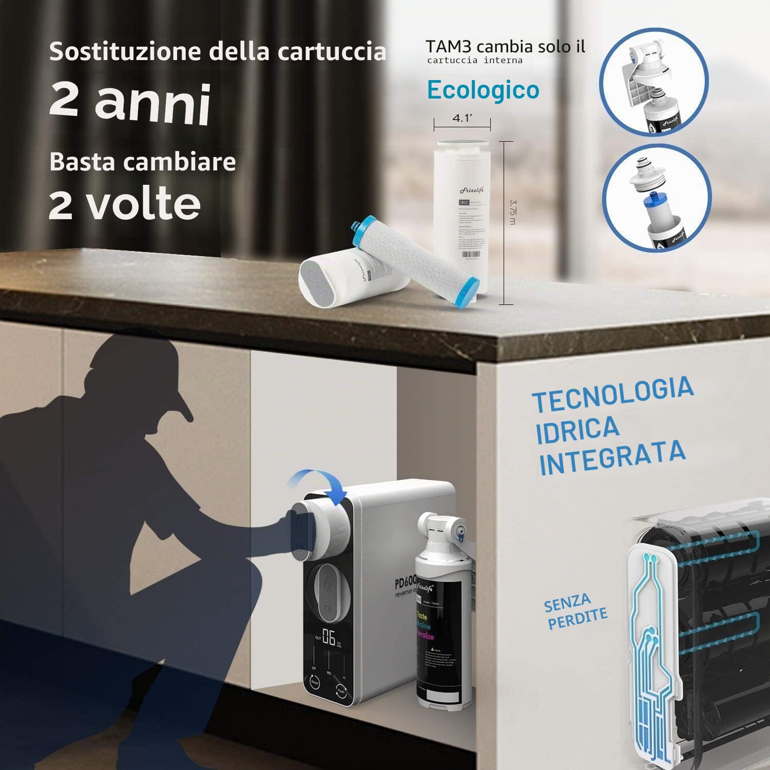 Frizzlife PD600 - Depuratore Acqua Sottolavello, Osmosi Inversa con Rimineralizzazione Alcalina, Rapporto di Scarico 2:1, Filtro Acqua Potabile Senza Serbatoio, con Rubinetto in Acciaio Inox