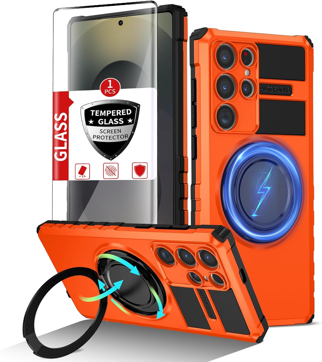 for Samsung Galaxy S25 Ultra Case Magnetic Compatible with MagSafe Wireless Charging,with 1 Screen Protector,Built-in 360° Kickstand Ring Military Grade Shockproof Heavy Duty Protection Orange