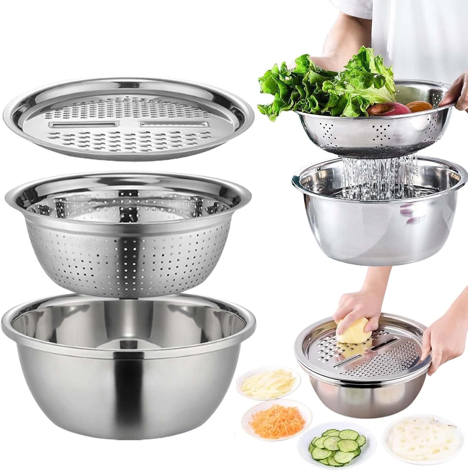 Kitchen – Rallador multifuncional de acero inoxidable – Cortador de verduras 4 en 1, triturador de queso y colador de acero inoxidable con tapa,
