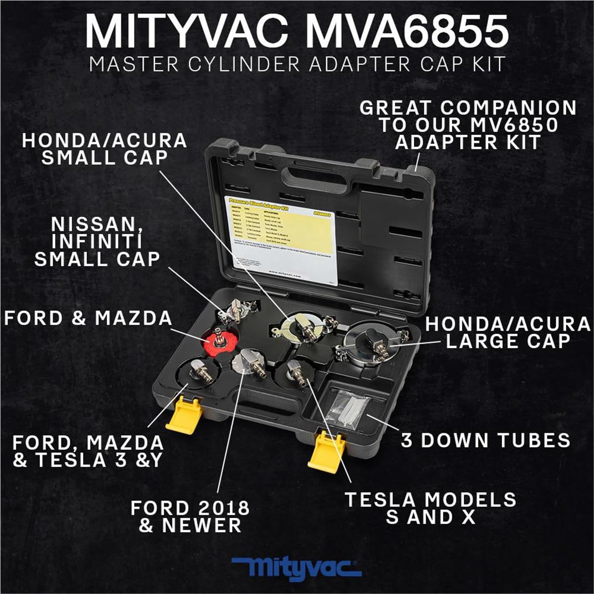 Mityvac MVB1050 Hydraulic Brake Service Kit, MV7840 Air-Operated Pressure Bleeder with 2.5 Quart Reservoir, MVA575 Flex Hose, MVA6855 Master Cylinder Cap Adapter Set, Hybrid and EV Compatible