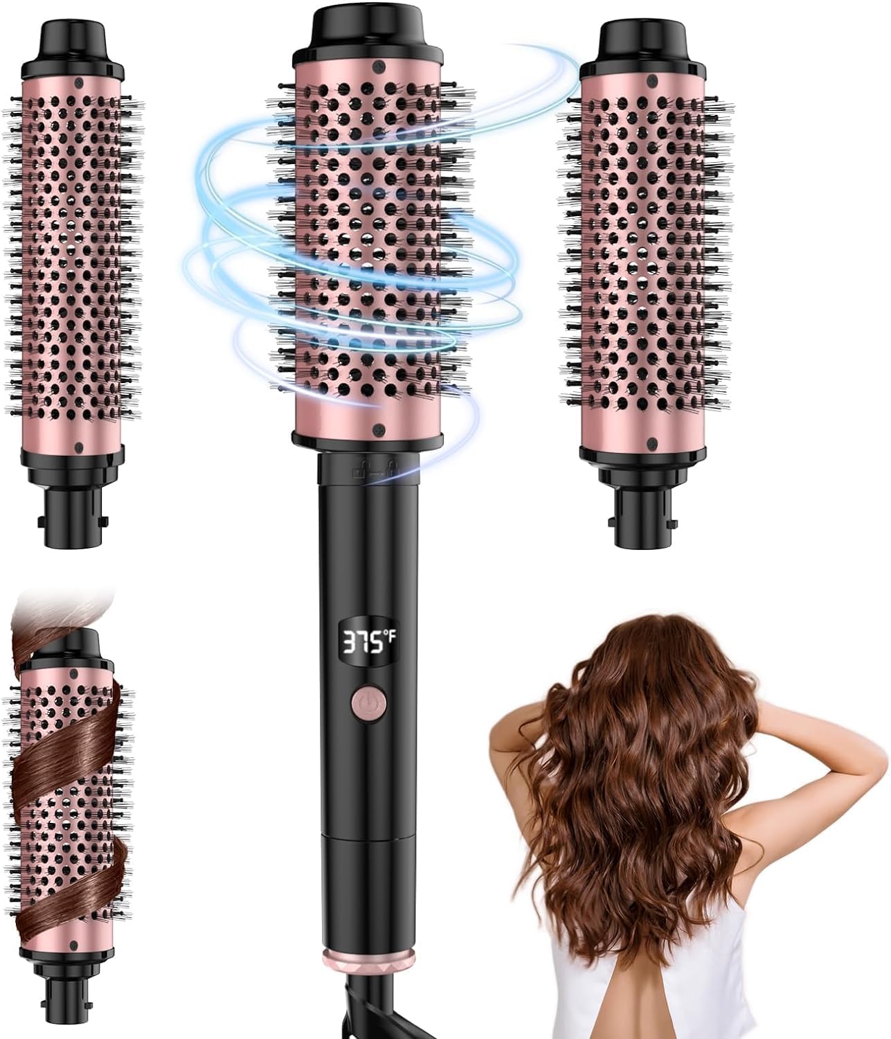 3 in 1 Thermal Brush, Curling Iron With Ceramic Tourmaline & PTC Heater, 5 Temps LCD Display Heated Round Brush, 1.25/1.5/1.75 Inch Detachable Thermal Round Hair Styling Tools Set
