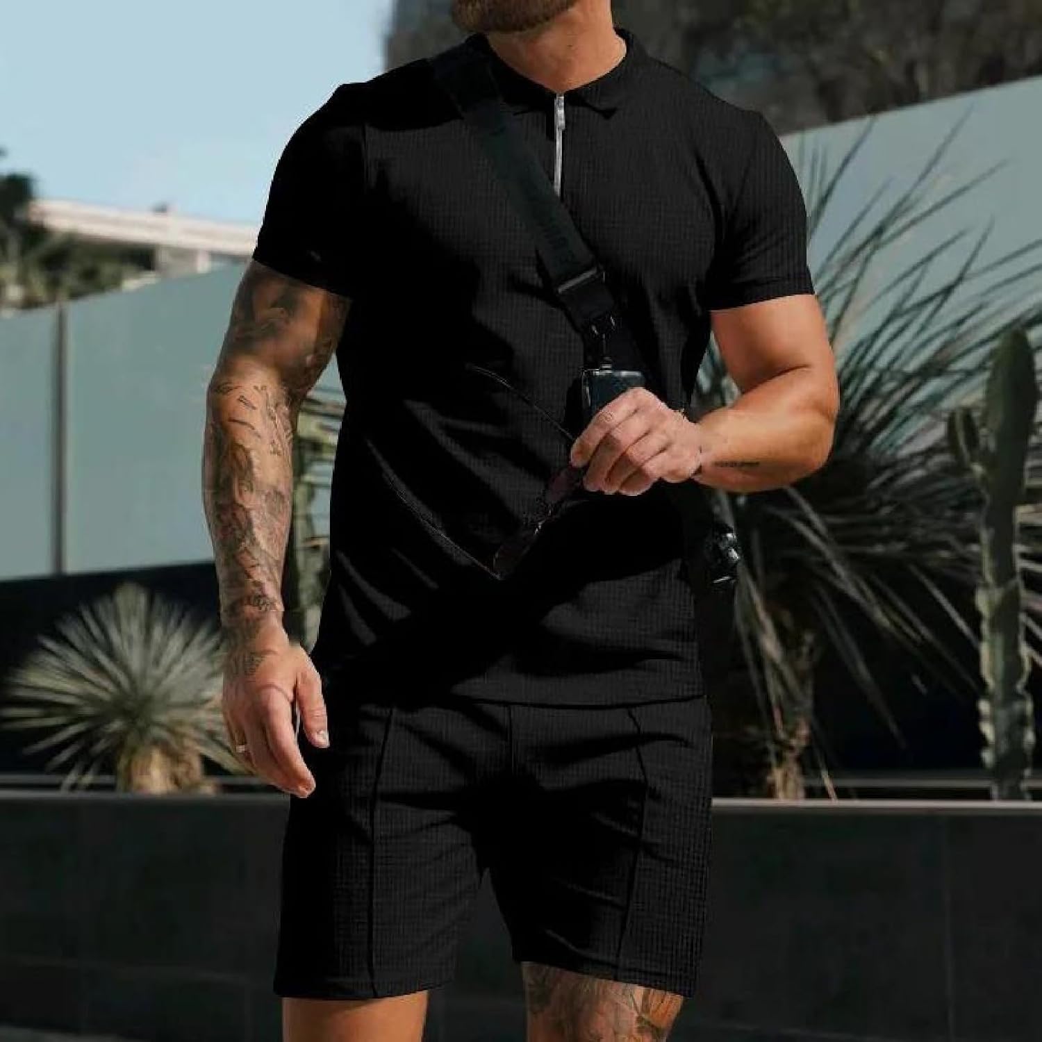 Men's Summer Solid Color Lapel T-Shirt And Shorts Set Casual Lightweight 2-Piece Outfit For Beach Home