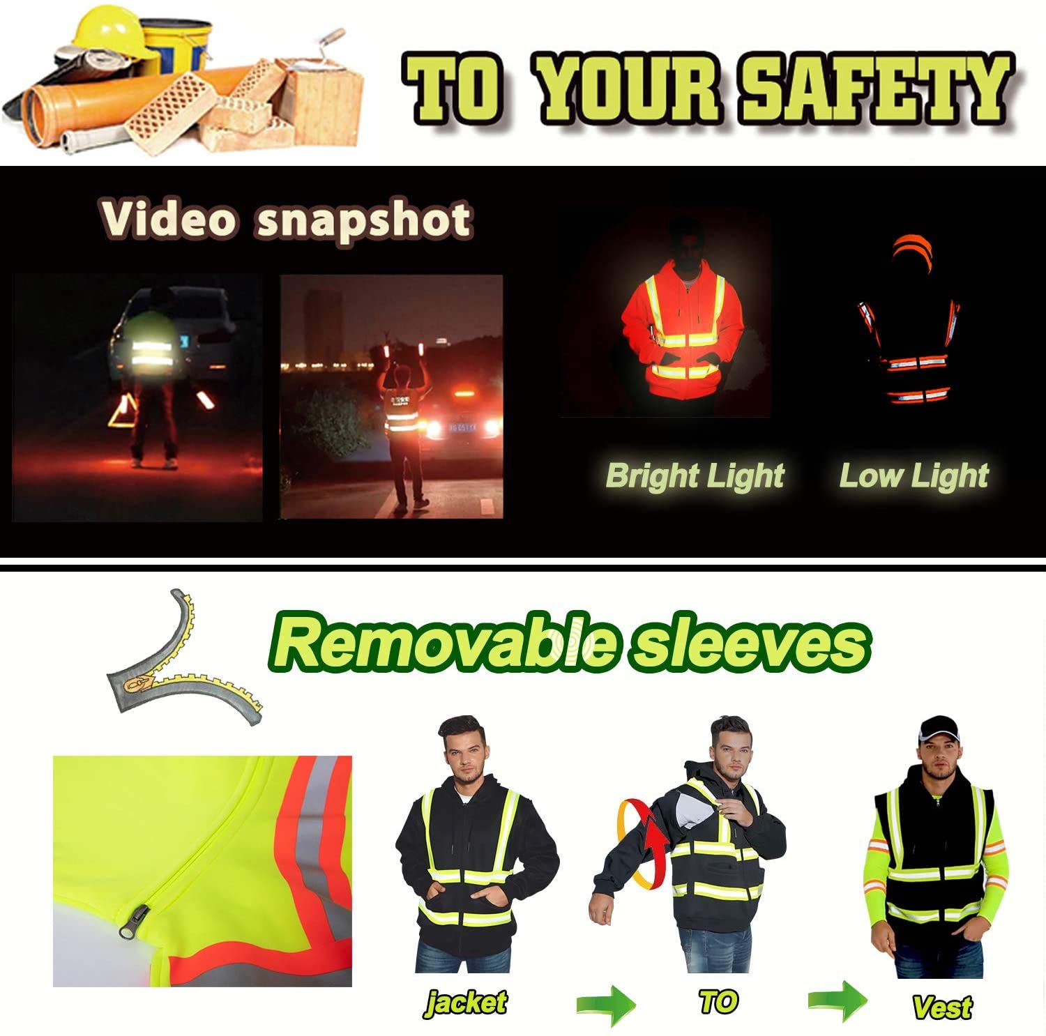 YOWESHOP High Visibility Hoodie Custom Your Logo Construction Sweatshirt for Men Full Zip Fleece Safety Jacket (Green-style3,S)