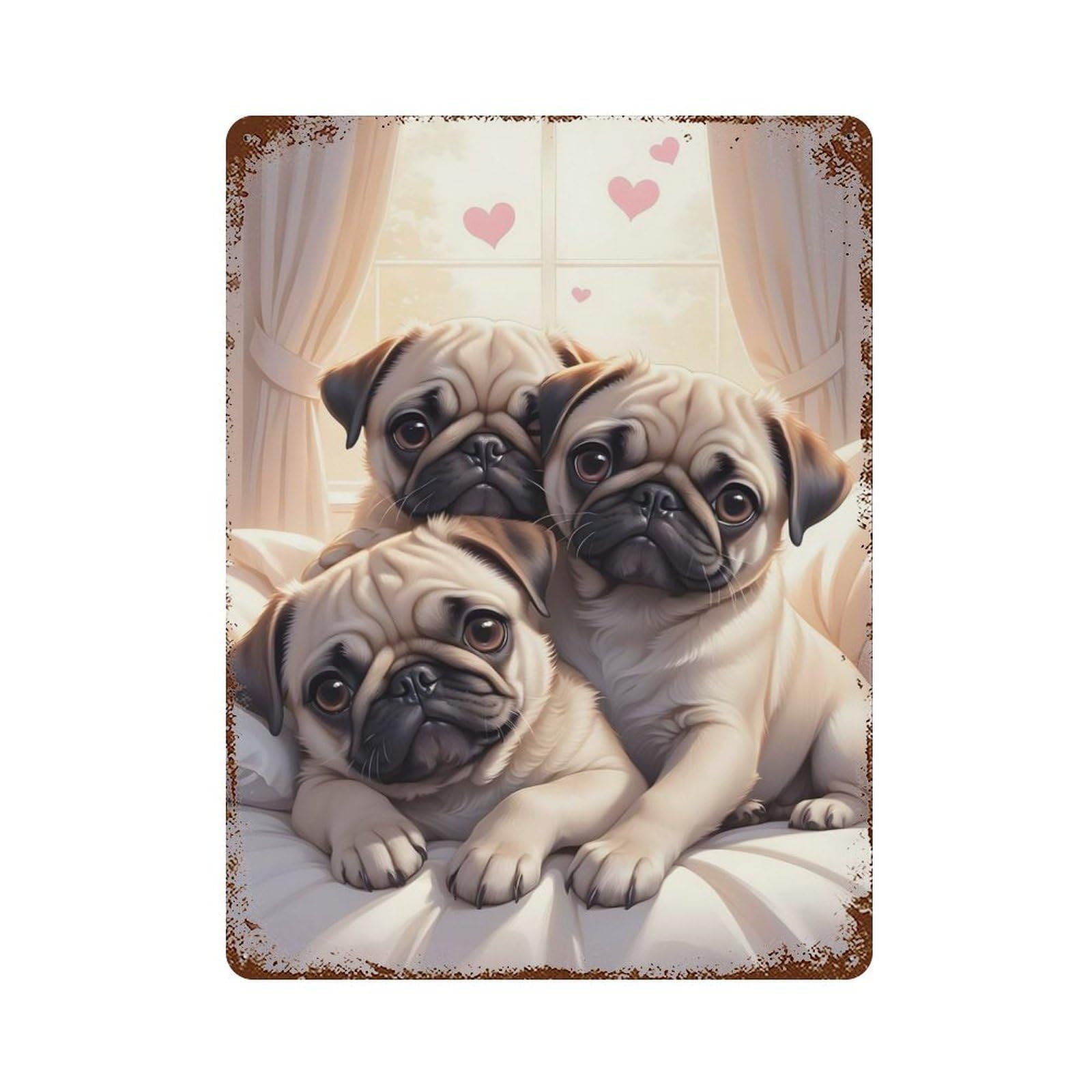 Vintage Rust Metal Sign Pug Puppies 15.7"x11.8", Shabby Chic Decor for Cafe, Home Bar And Lounge Decor