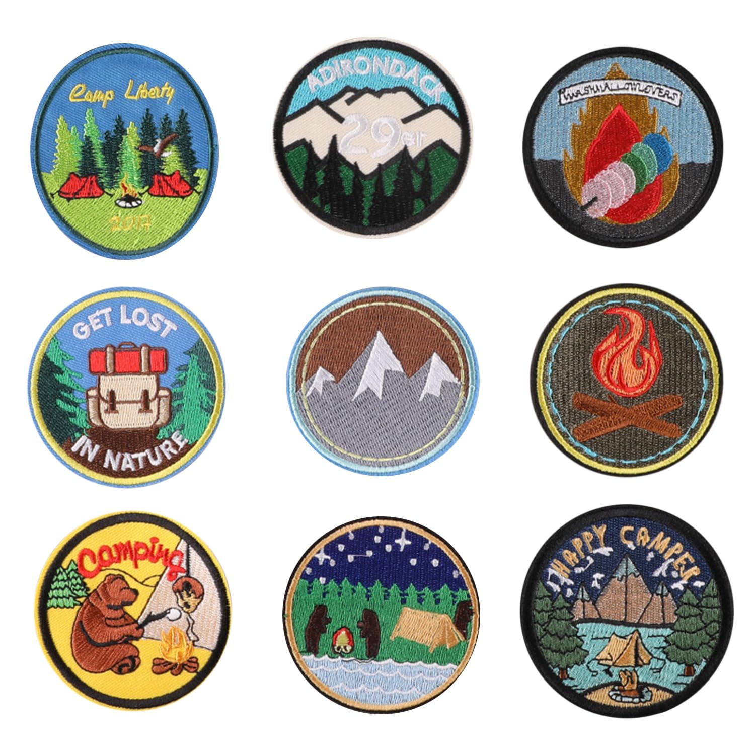 MEMOFYND 9 Pieces Of Camping Theme Cloth Stickers, Outdoor Scenery Cloth Stickers, Cartoon Embroidery Cloth Stickers, Round Cloth Stickers, Clothing Decoration Cloth Stickers