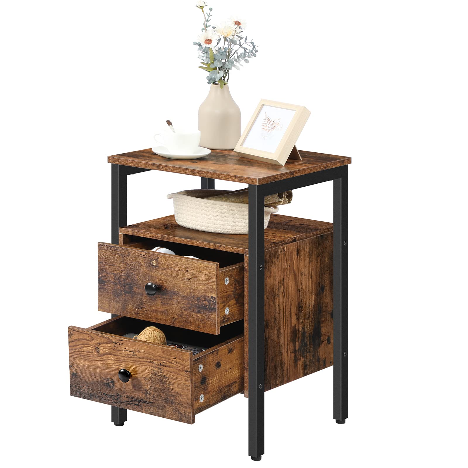 HOOBRO Comodino, Tavolino, con 2 Cassetti e 2 Ripiani Portaoggetti, Stile Industriale Vintage, Tavolino Accanto a Divano, Montaggio Facile, per Soggiorno e Camera da Letto, Marrone Vintage EBF43BZ01