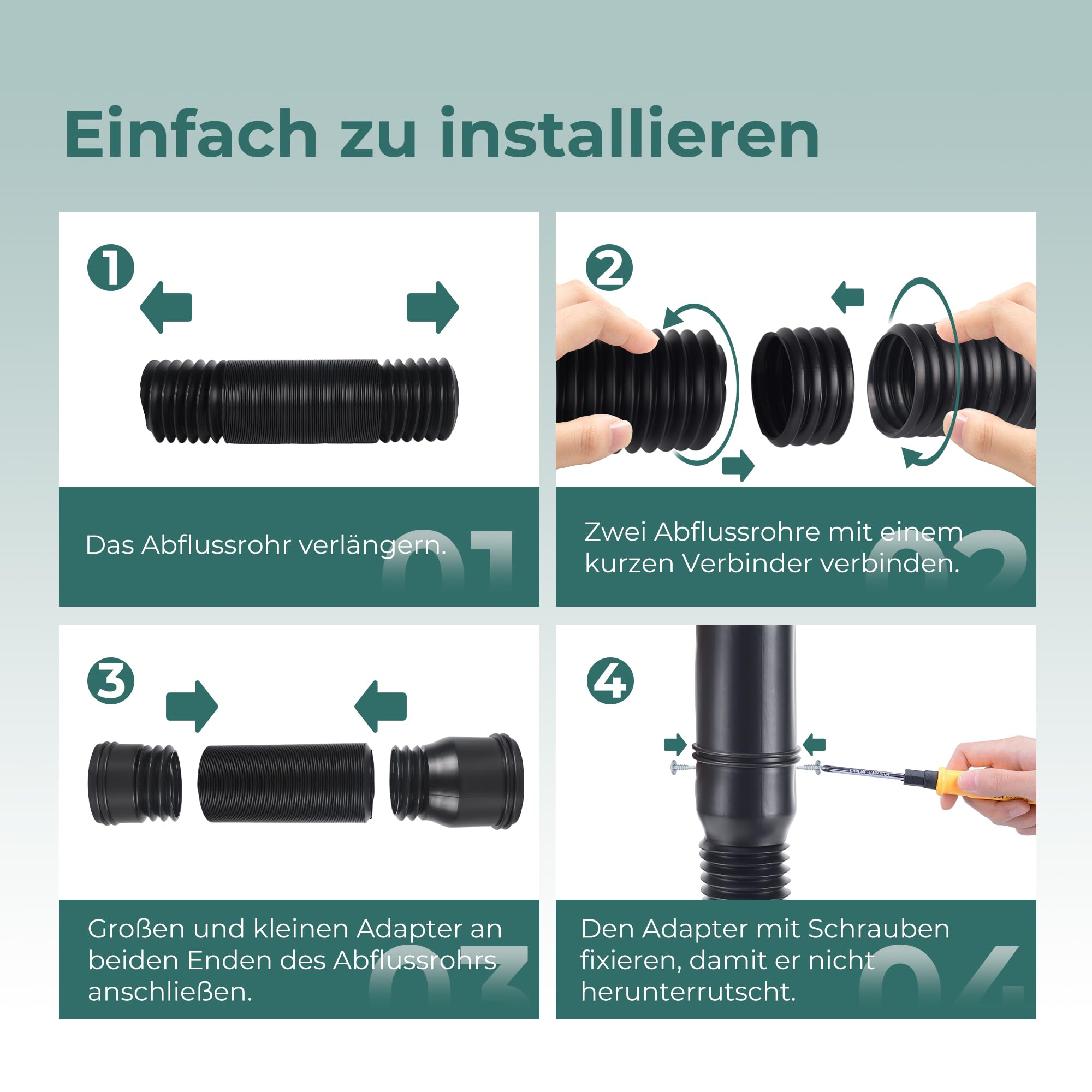 Prolunga Flessibile per Grondaia, Set di Prolunghe Rotonde per Tubo di Scarico da 80/100 mm, Set di Prolunghe per Tubo Pluviale, Estensione da 47 a 150 cm (Nero, 2 Pezzi)
