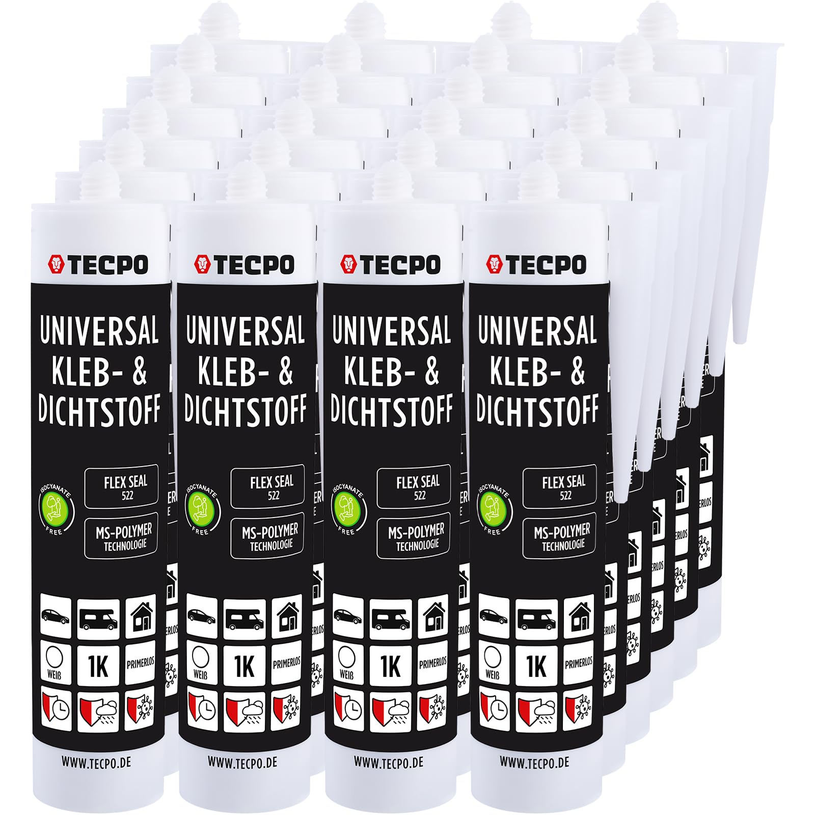 TECPO Universal Kleb- und Dichtstoff MS-Polymer 24x 480g weiß Flex Seal 522 elastisch, silikonfrei, lösemittelfrei, Auto Wohnmobil Bau Industrie Innen und Außen