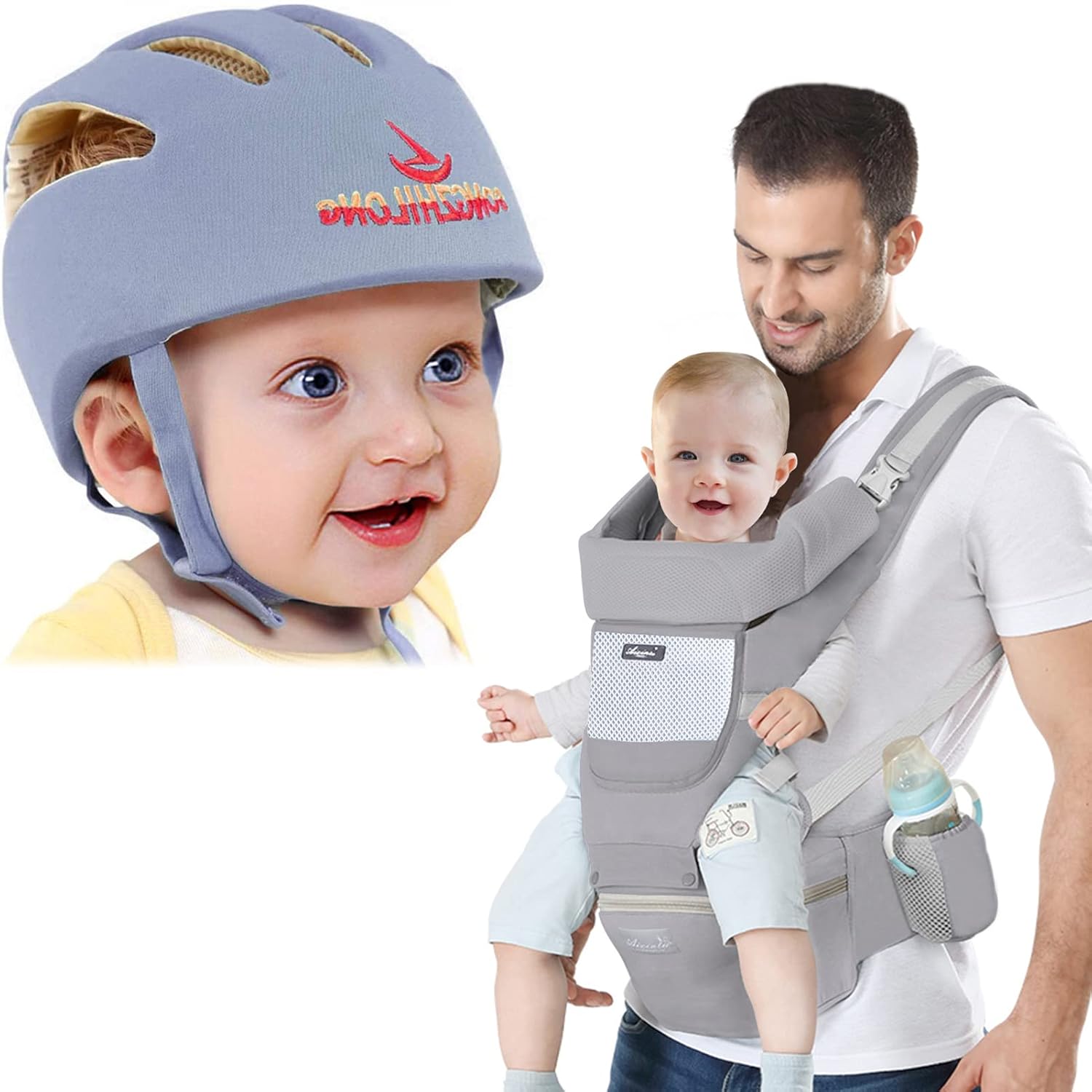 IULONEE Baby Helmet Infant Toddler Soft Adjustable Hat for Crawling + Baby Carrier