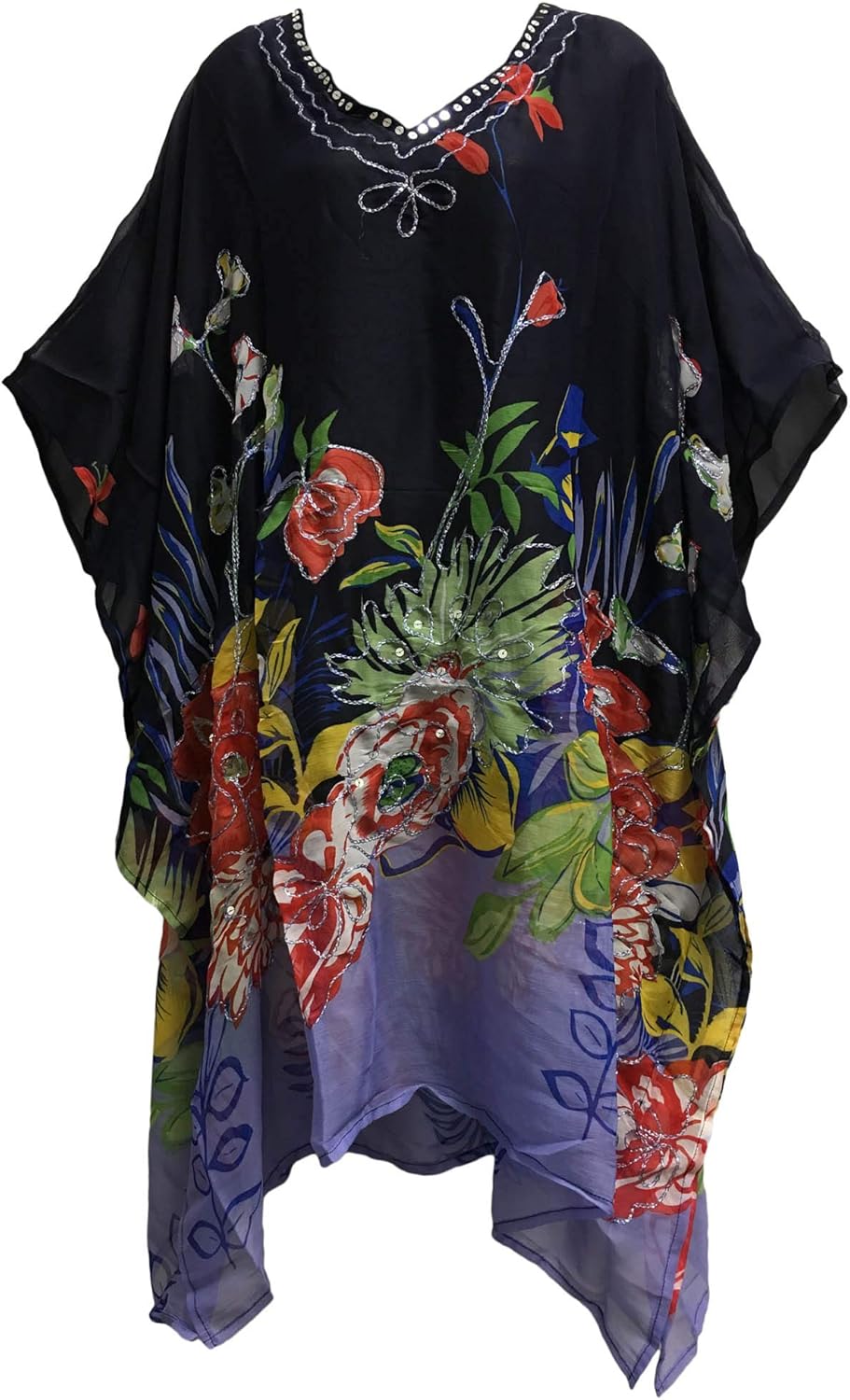Missy Plus Indian Sequined Chiffon Cover Up Caftan Poncho Navy Blue Floral JK No15