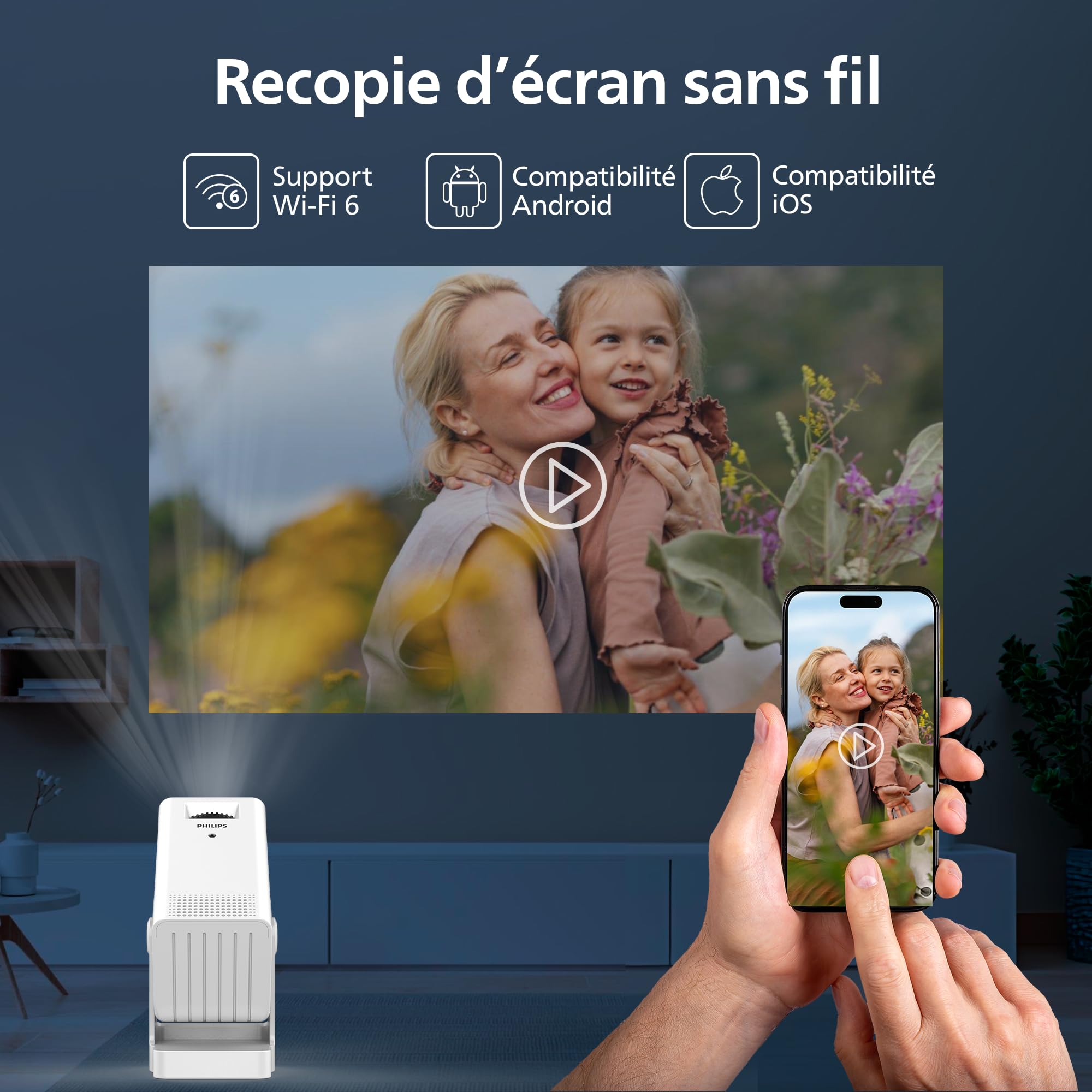 Philips, Neopix 140, Vidéoprojecteur Home cinéma, Résolution 1280x720p, Rotatif à 180 degrés, Mode Miroir, Wi-FI 6, Son Stéréo 2x3 Watts, Blanc