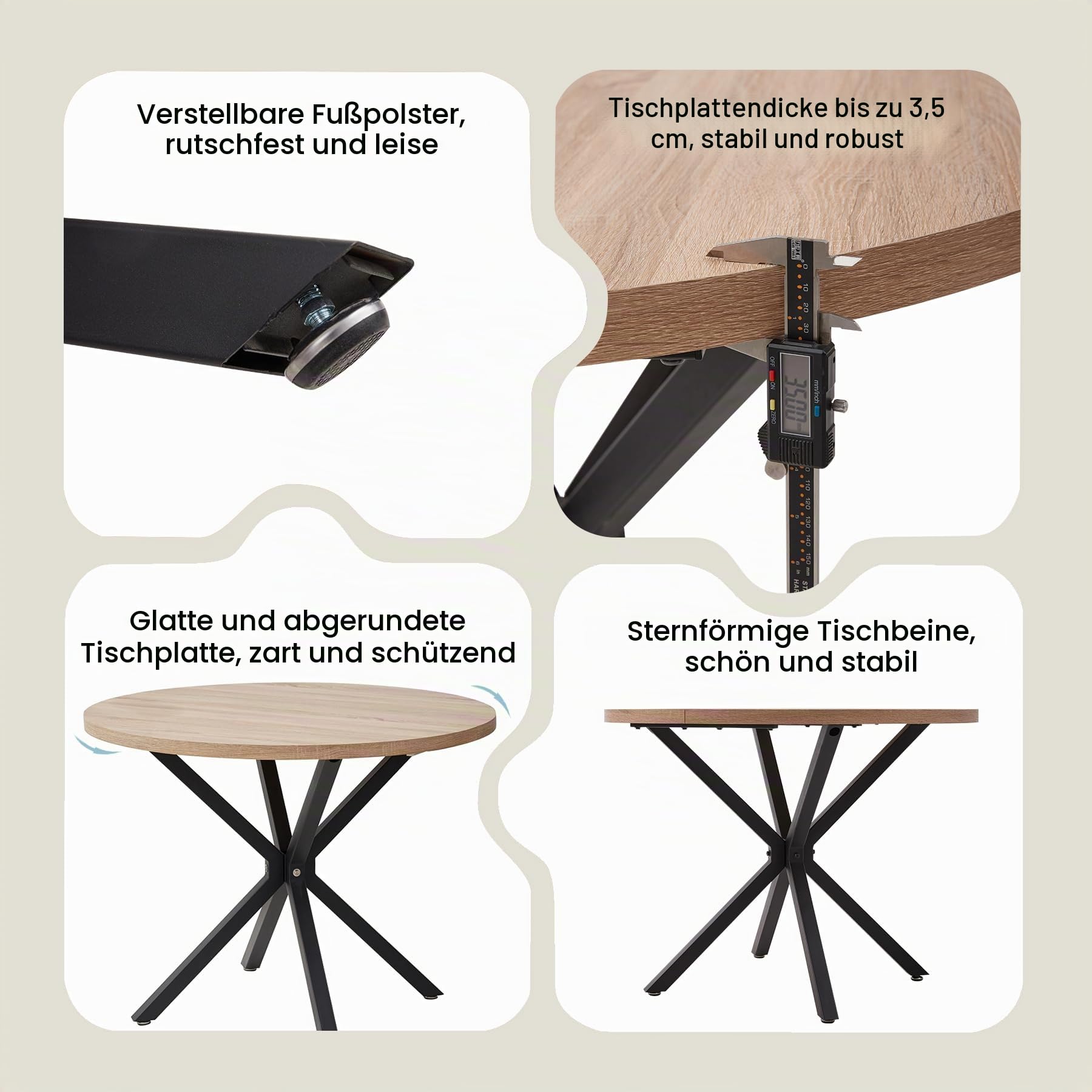 GrandCA HOME 100 cm esstisch rund，Großer esstisch,Geeignet für 4-6 Personen，MDF-Platte/Metallbeine aus Eisen,Geeignet für Küche, Esszimmer, Café, Wohnzimmer (Helle Holzmaserung)