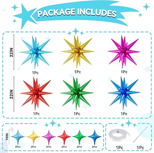 Miniatura 2 de 18 piezas de globos de estrellas coloridas, globos de papel de aluminio de estrellas multicolores con 6 piezas de globos de estrellas de explosión