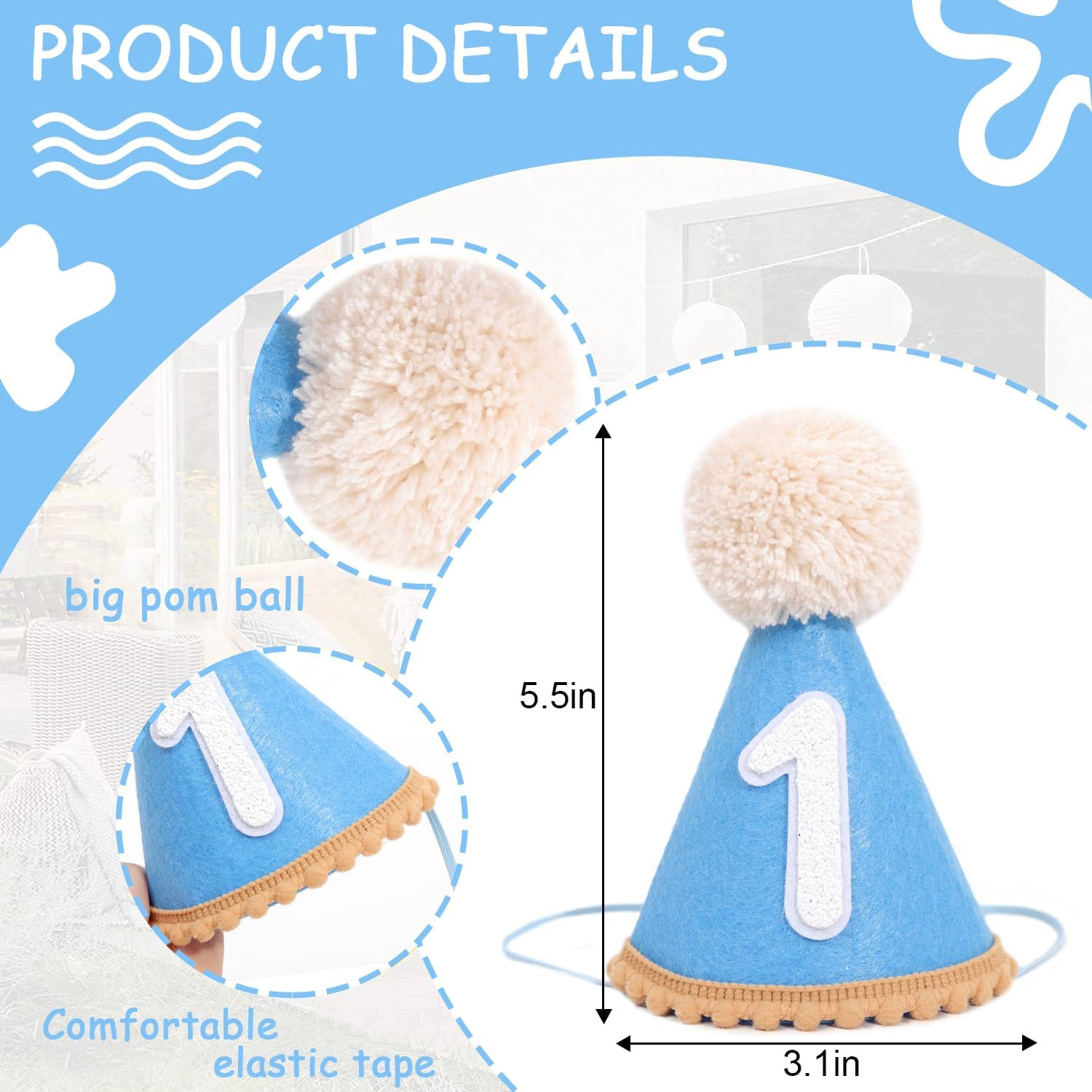 Baby 1st Birthday Cone Hat - First Birthday Cake Smash Party Hat, Photo Props