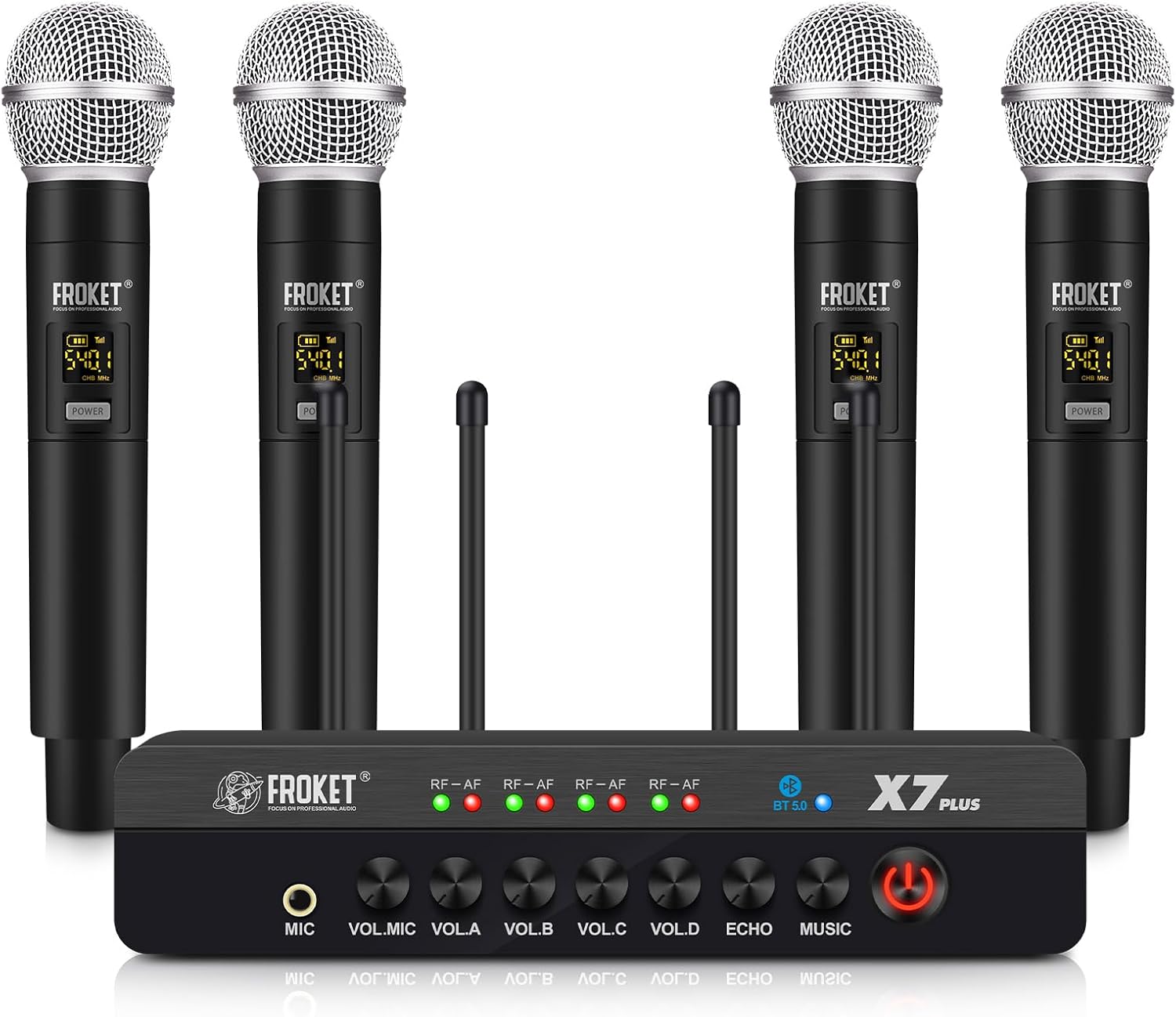 X7 Plus Wireless Karaoke Microphone System with 4 UHF Handheld Mics, DSP Reverb, Bluetooth 5.0 & Optical Input for Home TV Entertainment, Parties, and Speeches