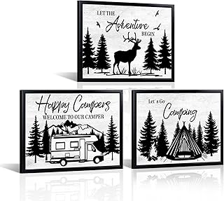 HOMEOART Camping Wall Decor RV Adventure Painting Camper Decor Art Print with Black Frame, Camper Living Room Bathroom Bedroom Decoration,Framed 12x16inchx3Pieces,Black and White
