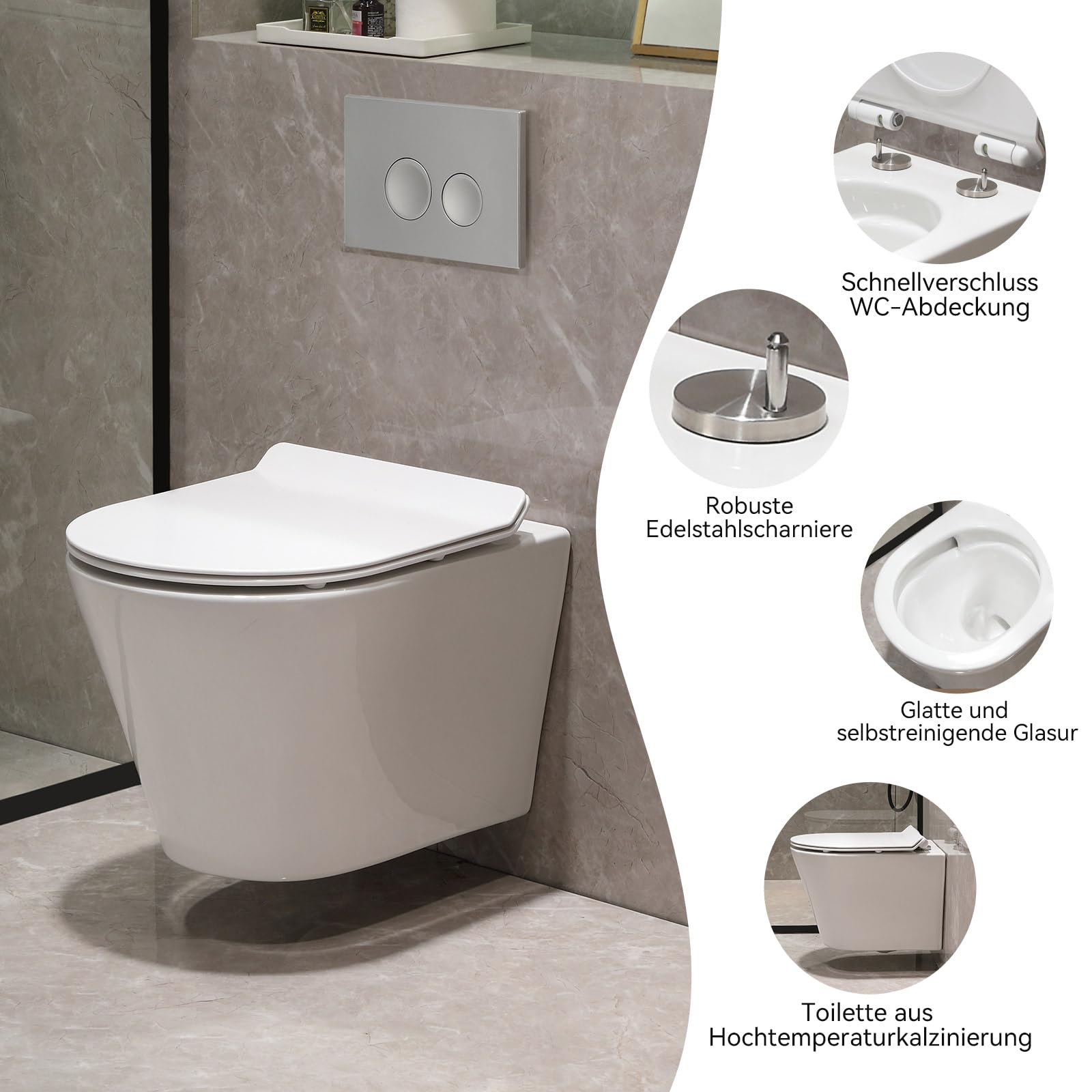 Wisząca toaleta i element podtynkowy, kompletny zestaw WC z podtynkową spłuczką, płyta uruchamiająca WC, bezzapachowa muszla klozetowa, wolnoopadająca pokrywa UF, z powłoką nano