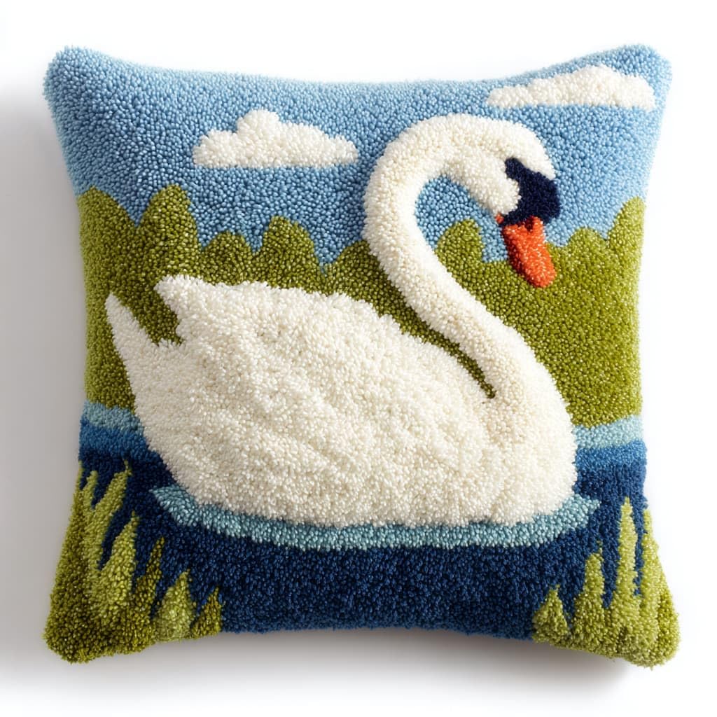 Taxpy Latch Hook Cushion Kits, White Swan Pillow Case Rug Cover DIY Needlework Embroidery Kits Handmade Cushion Kit 43x43cm