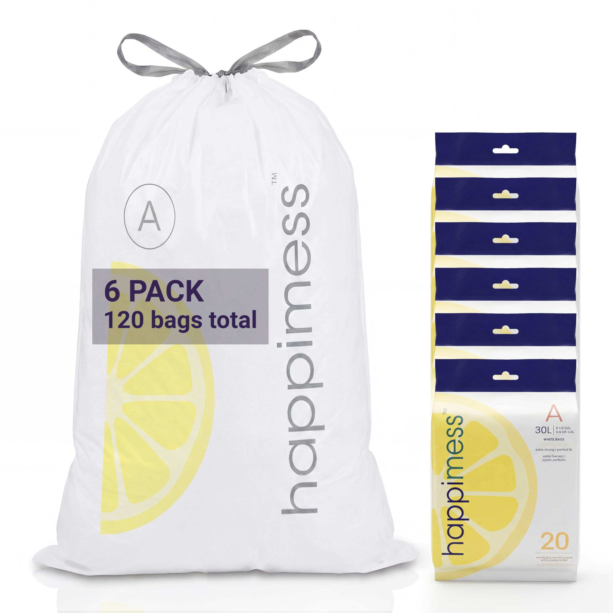 happimess White (Lemon Scented) / 120 Count (Pack of 1) / 8.0 gallons Trash Bags