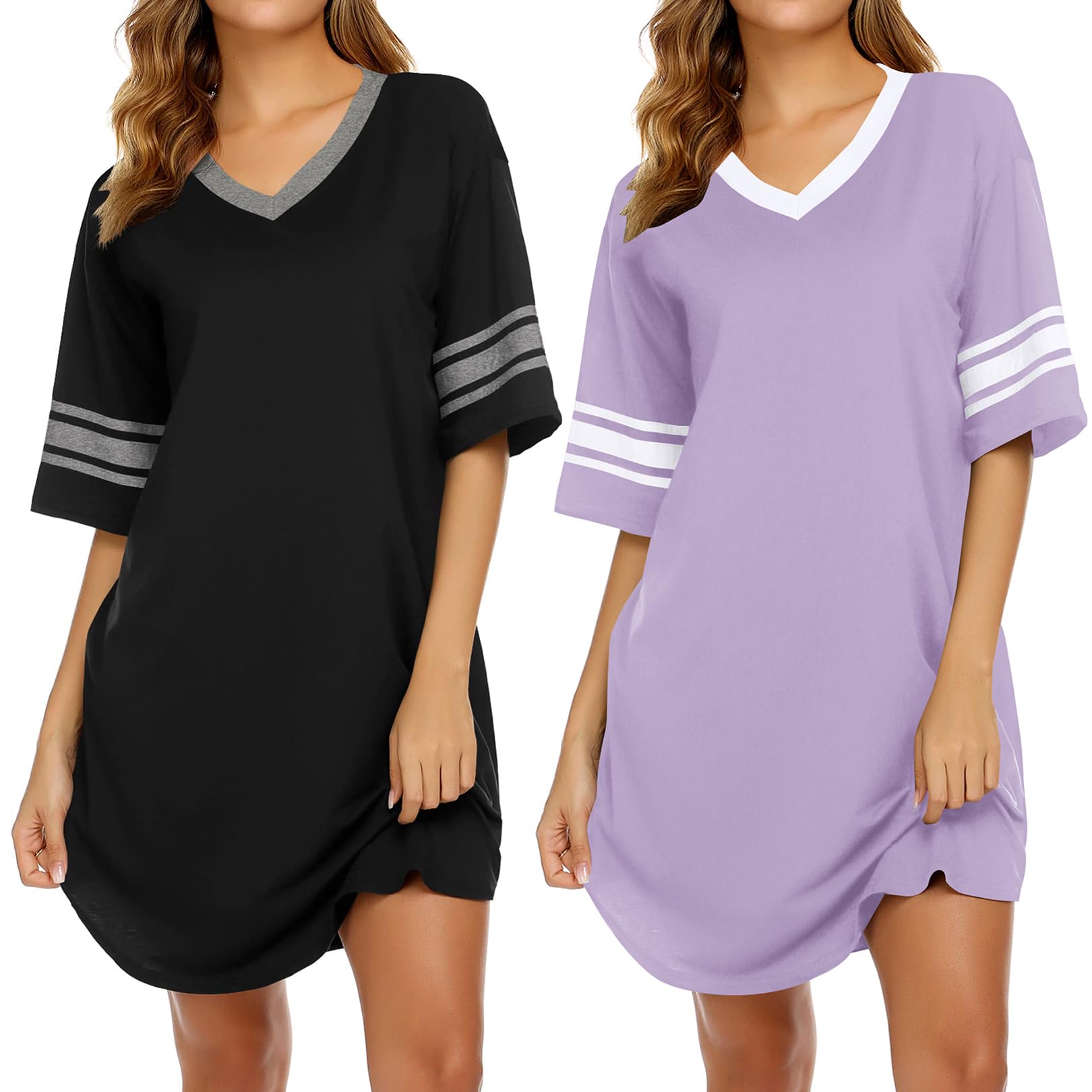 Ekouaer Nightgowns for Women 2 Pack Sleepshirts Short Sleeve Nightshirt V Neck Sleepwear Casual Pajama Dress