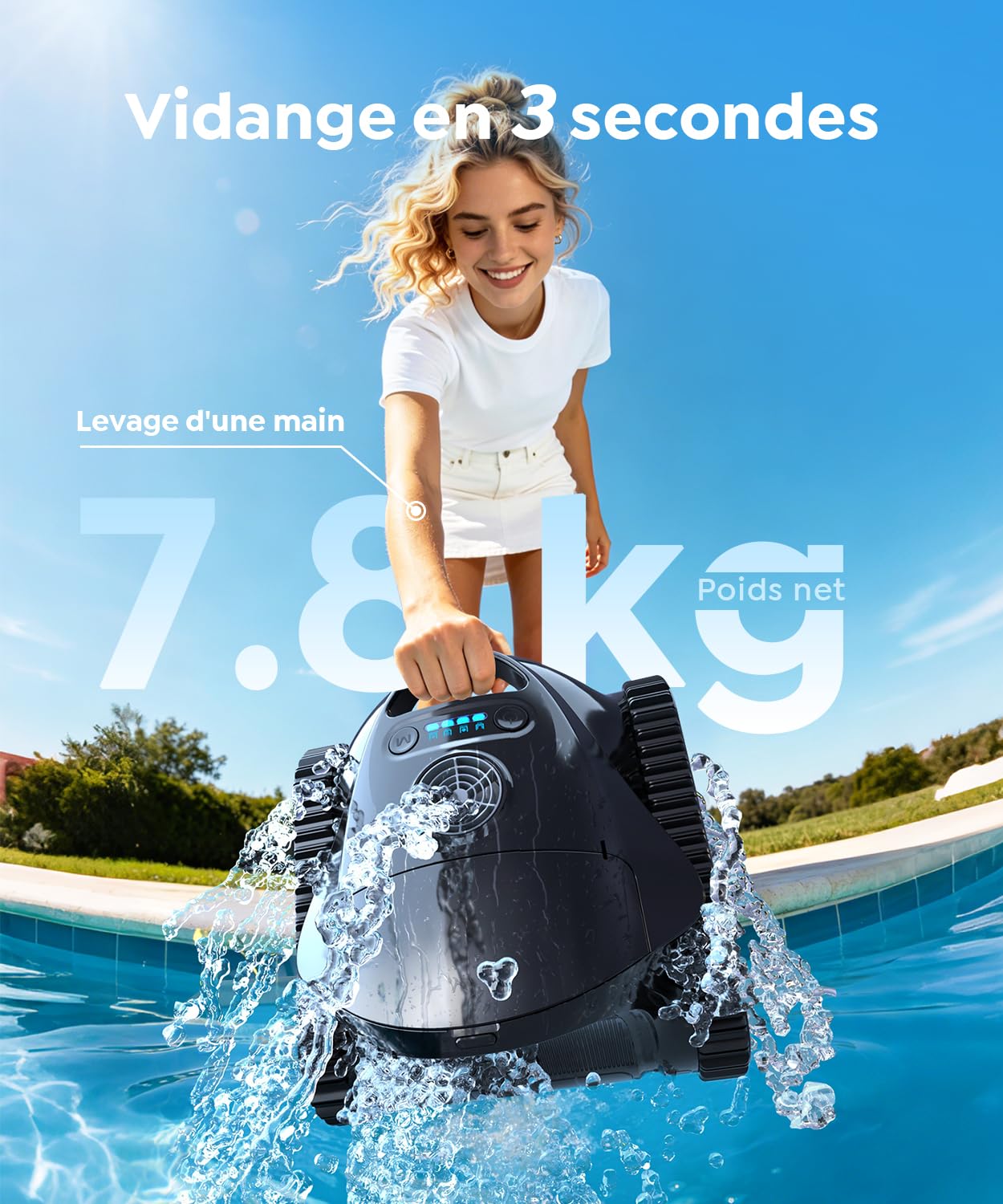 C1 Robot de Piscine Fond et Parois,180 Min,Noir et Blanc | Double Filtre,Robot Piscine sans Fil, 7 Modes Nettoyage,180 Min d'Autonomie, Puissant Aspirateur pour Piscines jusqu'à 150 m²