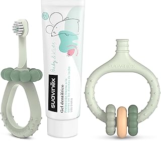 Suavinex, Set Inicio Cuidado Dental, Incluye: Cepillo de Dientes para Bebés + Masajeador Encías + Pasta de Dientes para Bebés, para Regalar, Mangos Ergonómicos, Uso Diario, +0 Meses, Verde