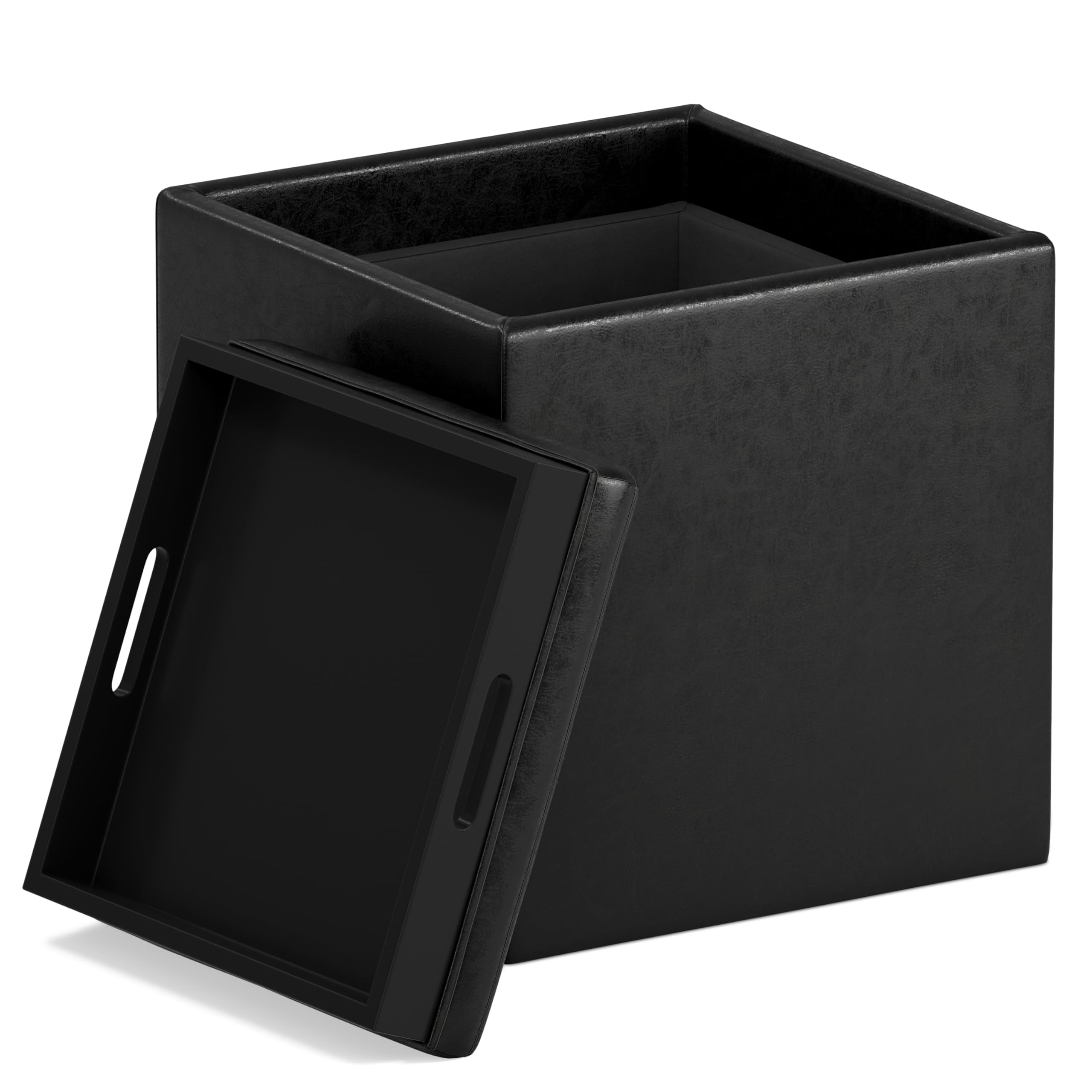Simpli Home Rockwood 18 In. Square Cube Storage Ottoman With Tray In Distressed Dark Blue Vegan Faux Leather Assembled Axcot 254 Ddb