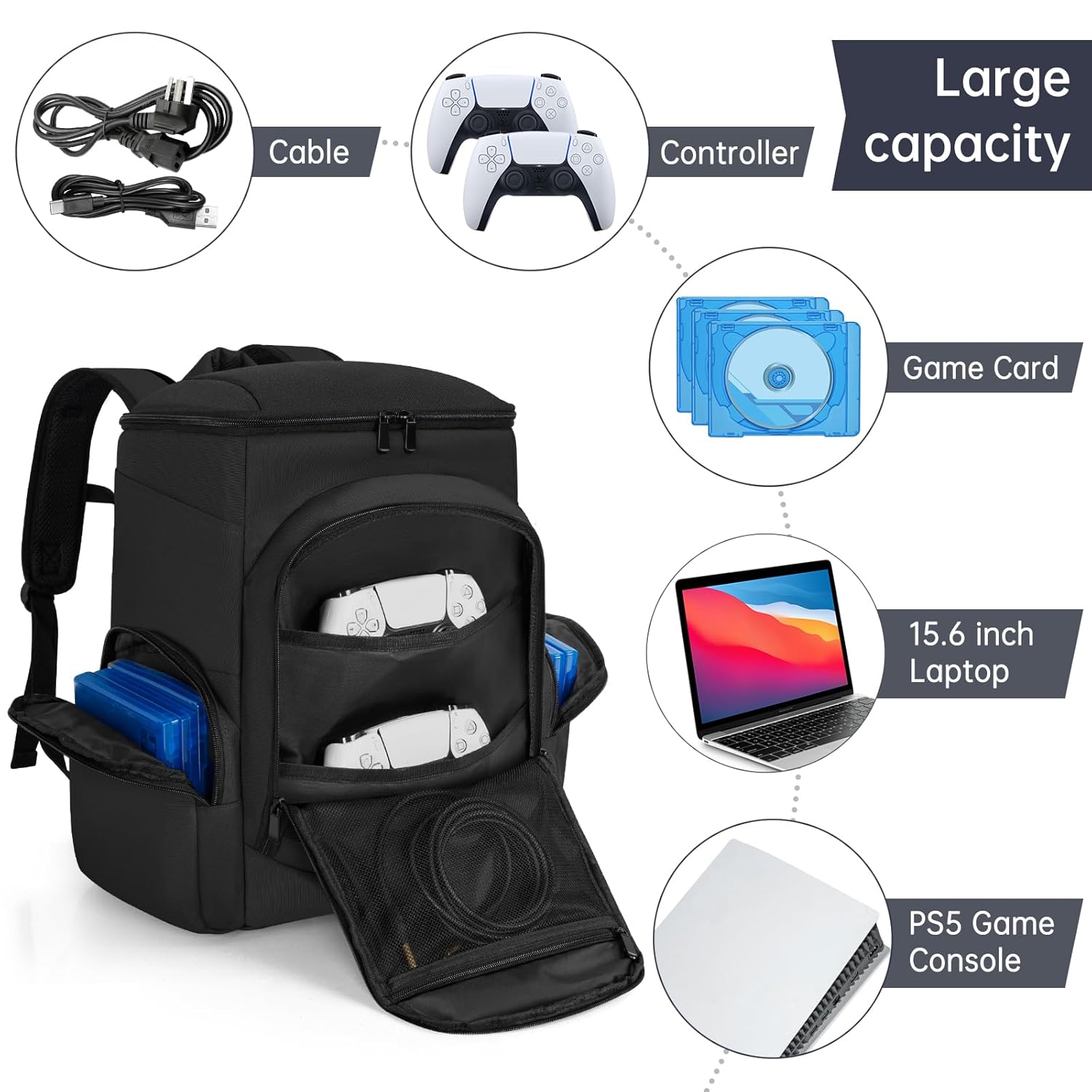 WELIDAY Gaming Console Backpack Compatible with PS5/PS5 Slim/PS5 Pro/ PS4 / Xbox One, Protective Travel Carrying Case with 15.6″ Laptop Compartment, Multiple Pockets for Accessories(Black) - Image 3