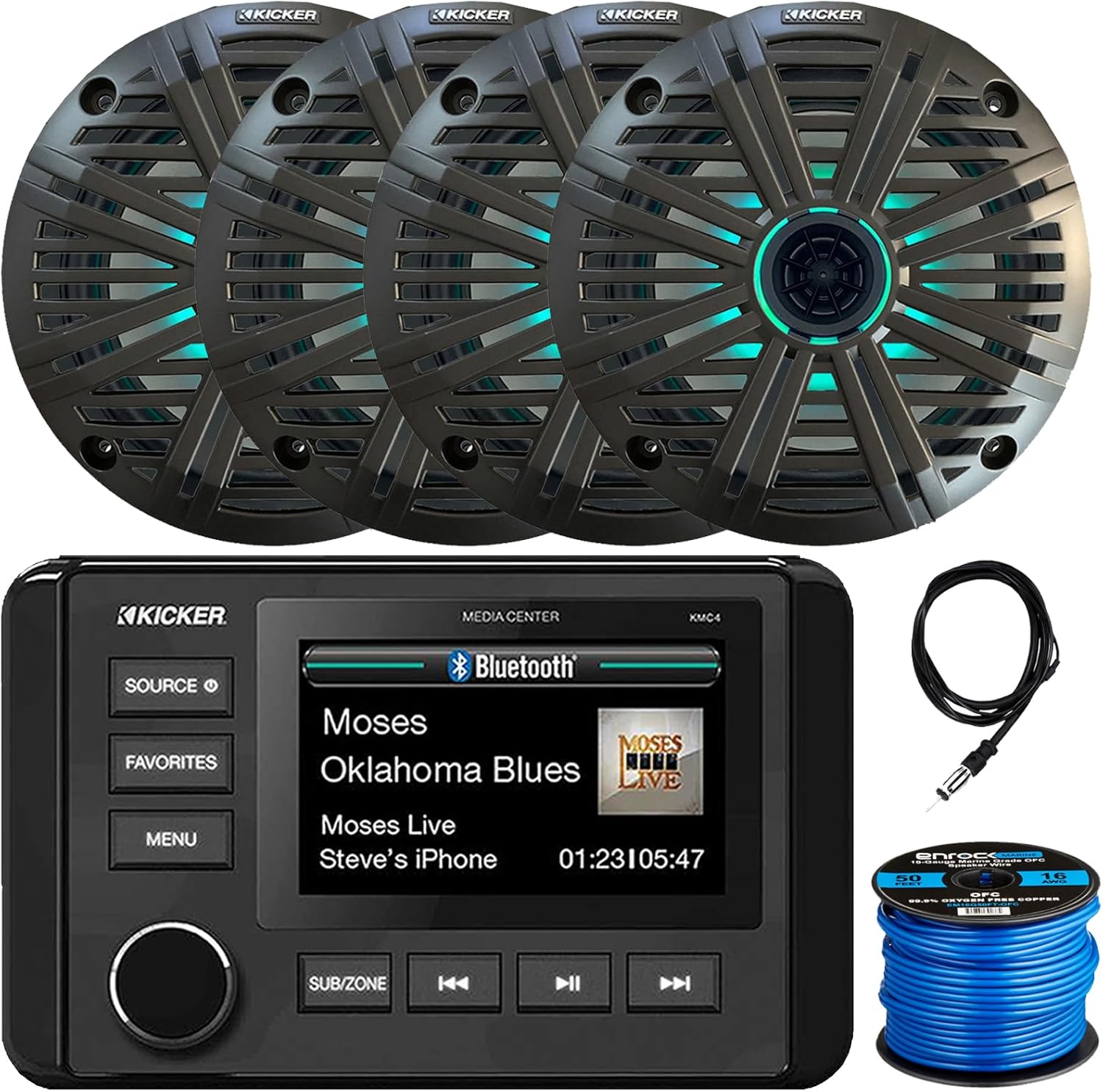 KICKER 51KMC4 3" LCD Marine Bluetooth Weather-Resistant Gauge-Style AM/FM WB/USB/AUX Media Center Receiver, 4X 6.5 195W Max RGB LED Coaxial Speakers W/Charcoal Grille, Radio Antenna, Speaker Wire
