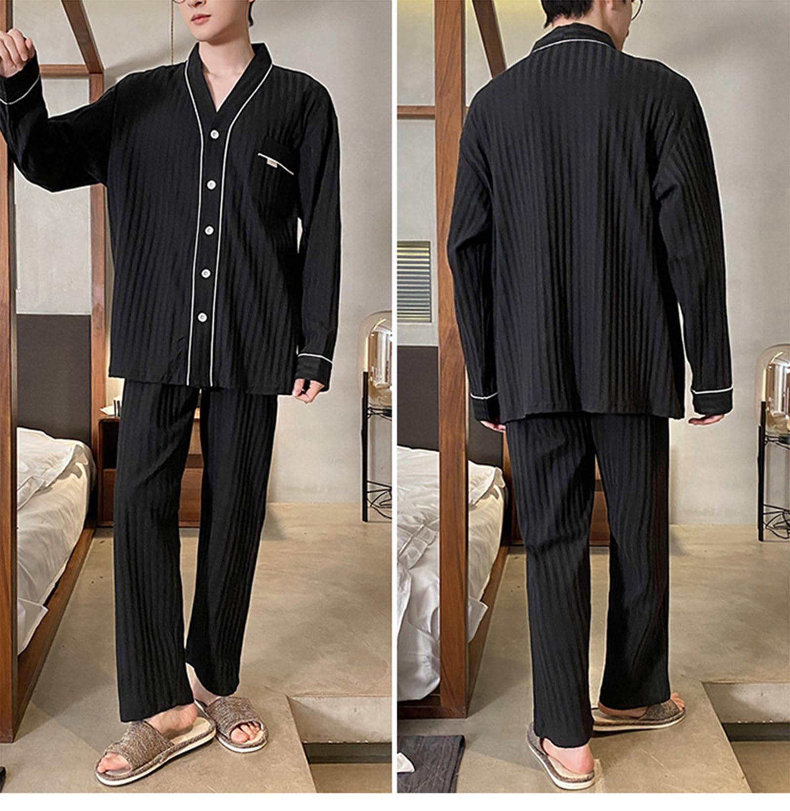 Pigiama da Uomo Set Scollo a V Manica Lunga Button Down Pigiameria Loungewear Misto Cotone Pjs Set L-3XL