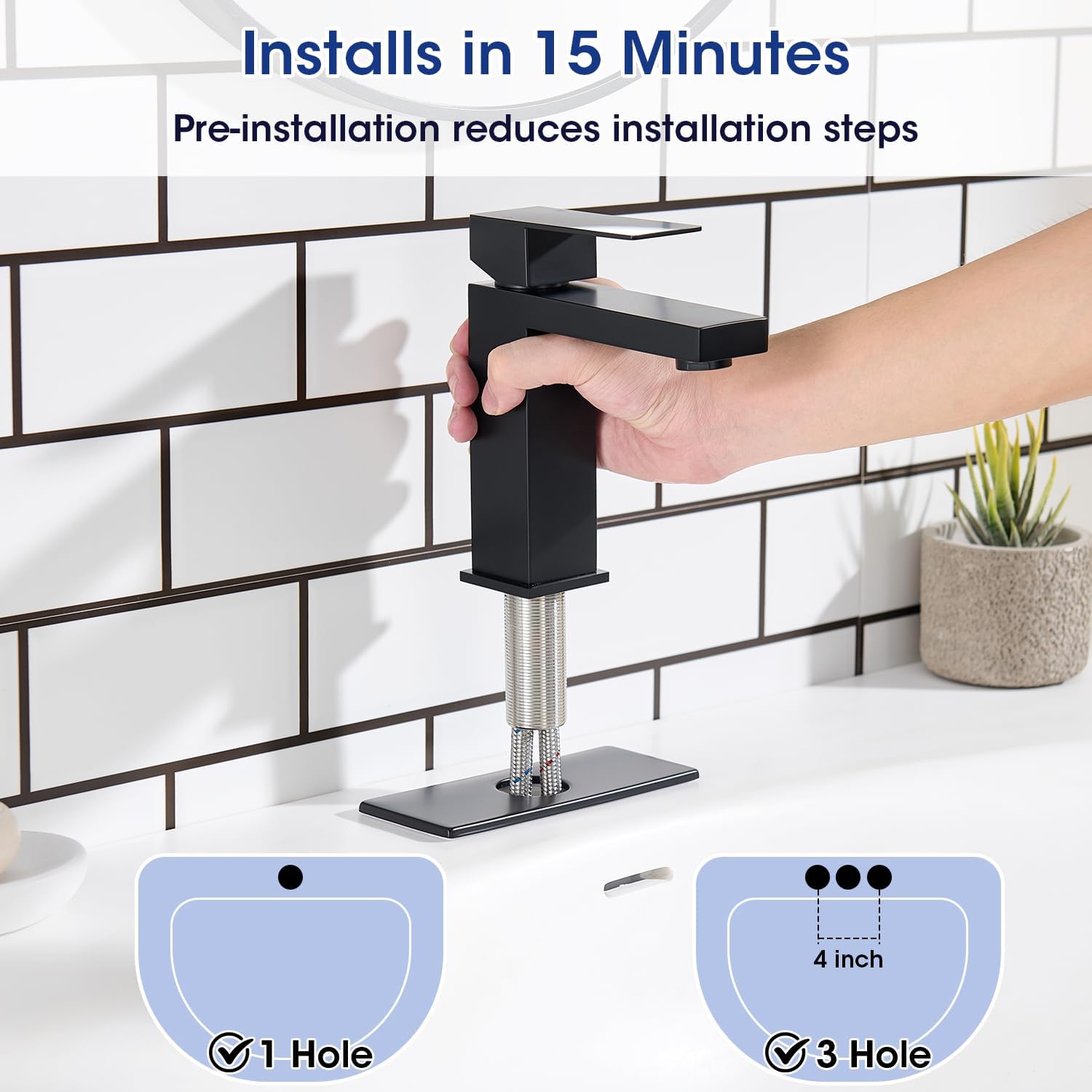 Black Bathroom Faucet, Stainless Steel Vanity Bathroom Sink Faucet with Pop Up Drain Stopper and Water Hoses, Easy to Install Bathroom Faucet 1 Hole for Bathroom Sink, Vanity, RV, Farmhouse - Image 5