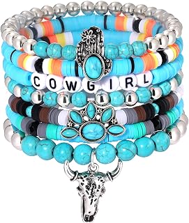 Western Cowgirl Turquoise Beaded Stretch Bracelets Preppy Heishi Bracelets Set Aztec Turquoise Bull Head Cow Cactus Flower Charm Bohemian Stackable Bracelets Y2K Summer Beach Layering Bracelets Jewelry for Women Girls Teens