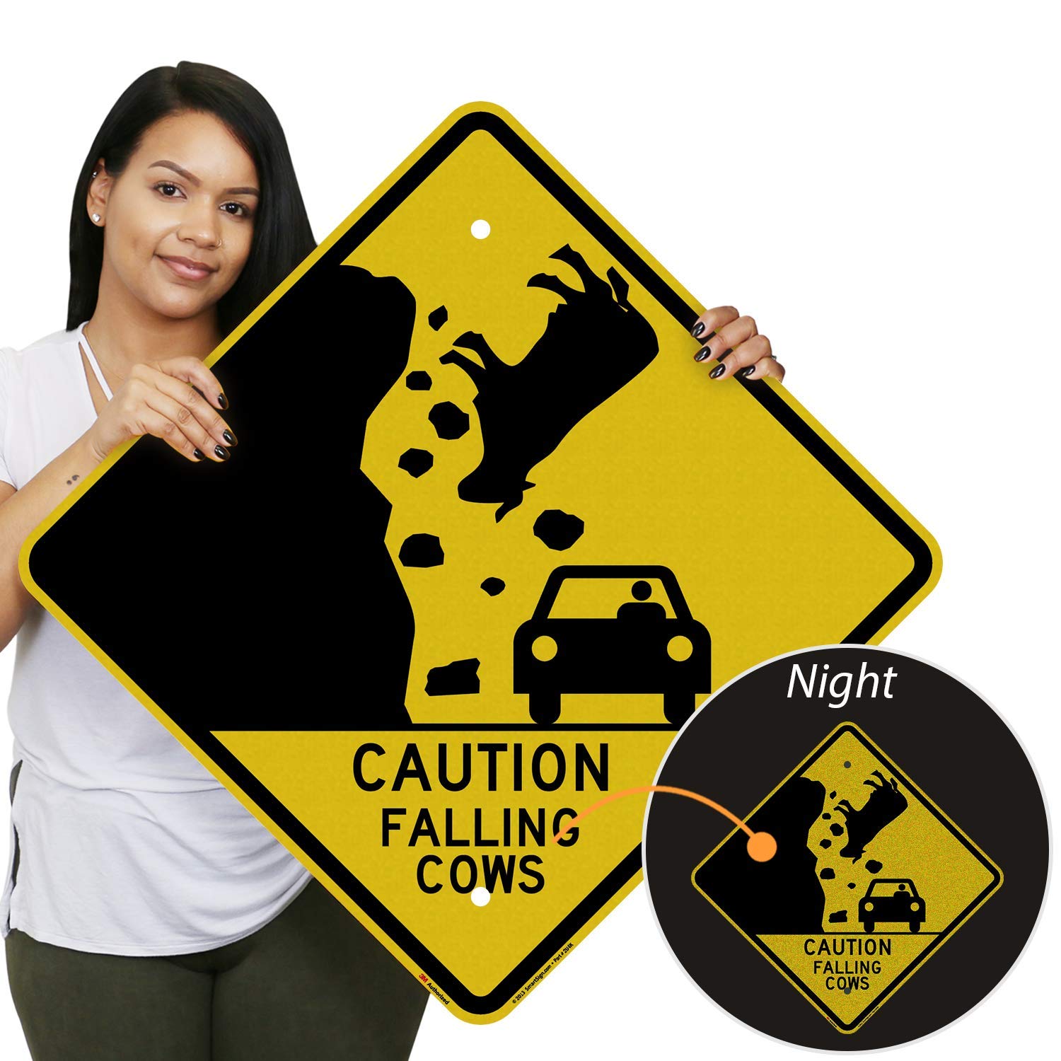 SmartSign 12 x 12 inch “Caution - Falling Cows” Funny Road Metal Sign, 63 mil Aluminum, 3M Laminated Engineer Grade Reflective Material, Black and Yellow, Made in USA