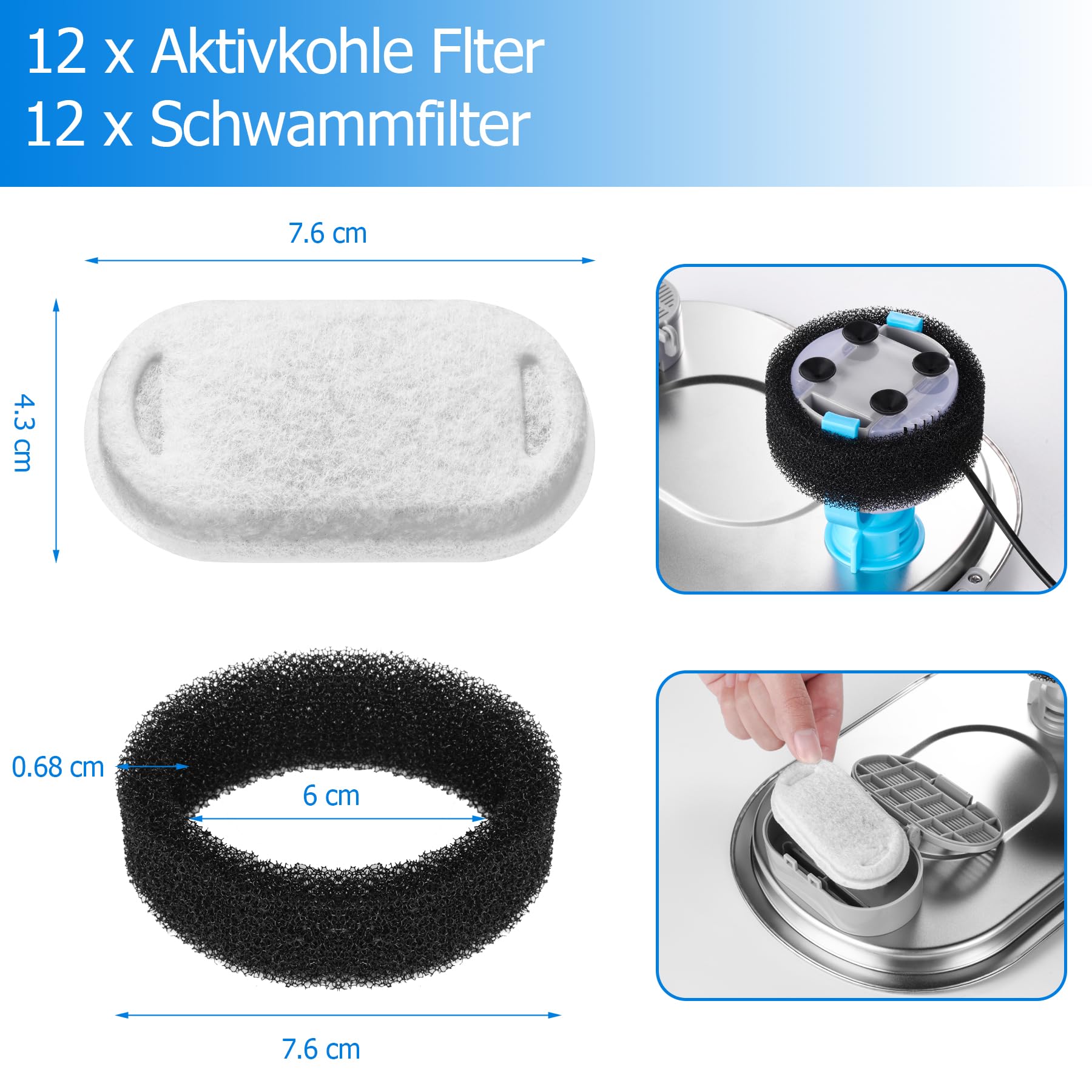 24 Filtri Fontanella per Gatti, incluso 12 pezzi di filtro a carbone e 12 pezzi di spugna in schiuma per 2,5 L/ 84 oz Fontana Gatti in Acciaio Inox Acqua