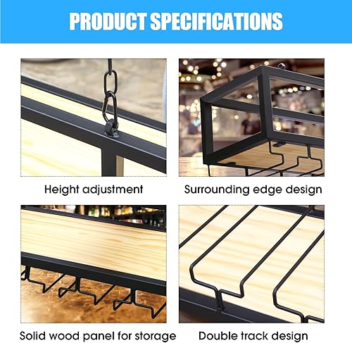 Vista 4 de Estante de techo para copas de vino, estante colgante para vino con soporte para vidrio y estante, soporte para botellas de vino colgante industrial