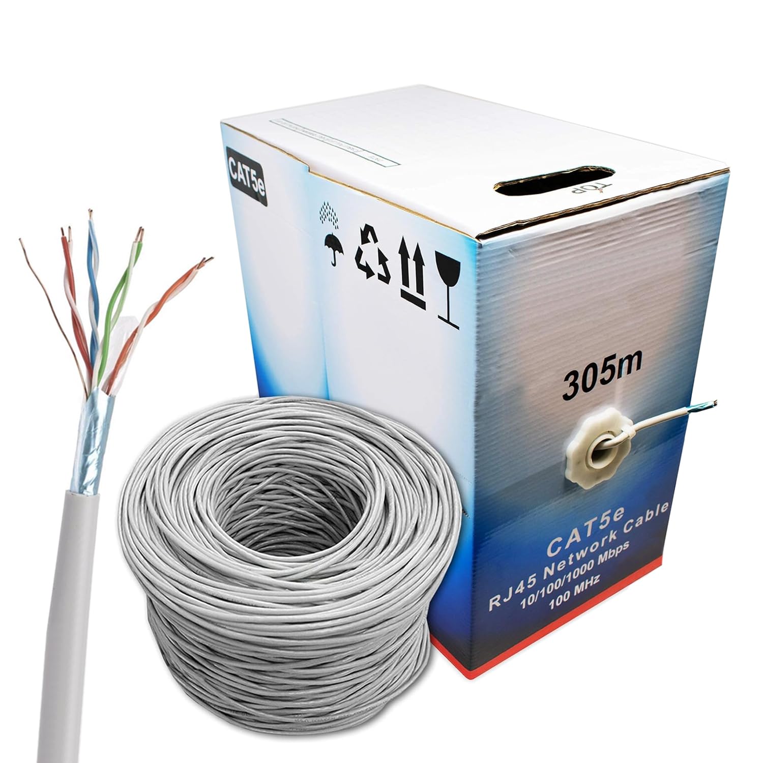 305m Cat5e FTP Ethernet Cable AWG24 CCA Solid LAN Network Cable 1Gbps 100MHz RJ45 Roll for POE CCTV IP Camera DSL ADSL Router Switch Indoor Outdoor Shielded Networking Cable (Grey)