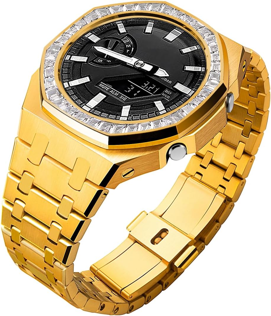 Ga2100 Case Band Strap Mod Kit,Square Full Diamond 316L Stainless Steel Metal Bezel Accessories Mods Parts Compatible With Casioak G-shock/GA-2100 GA-2110/GAB-2100