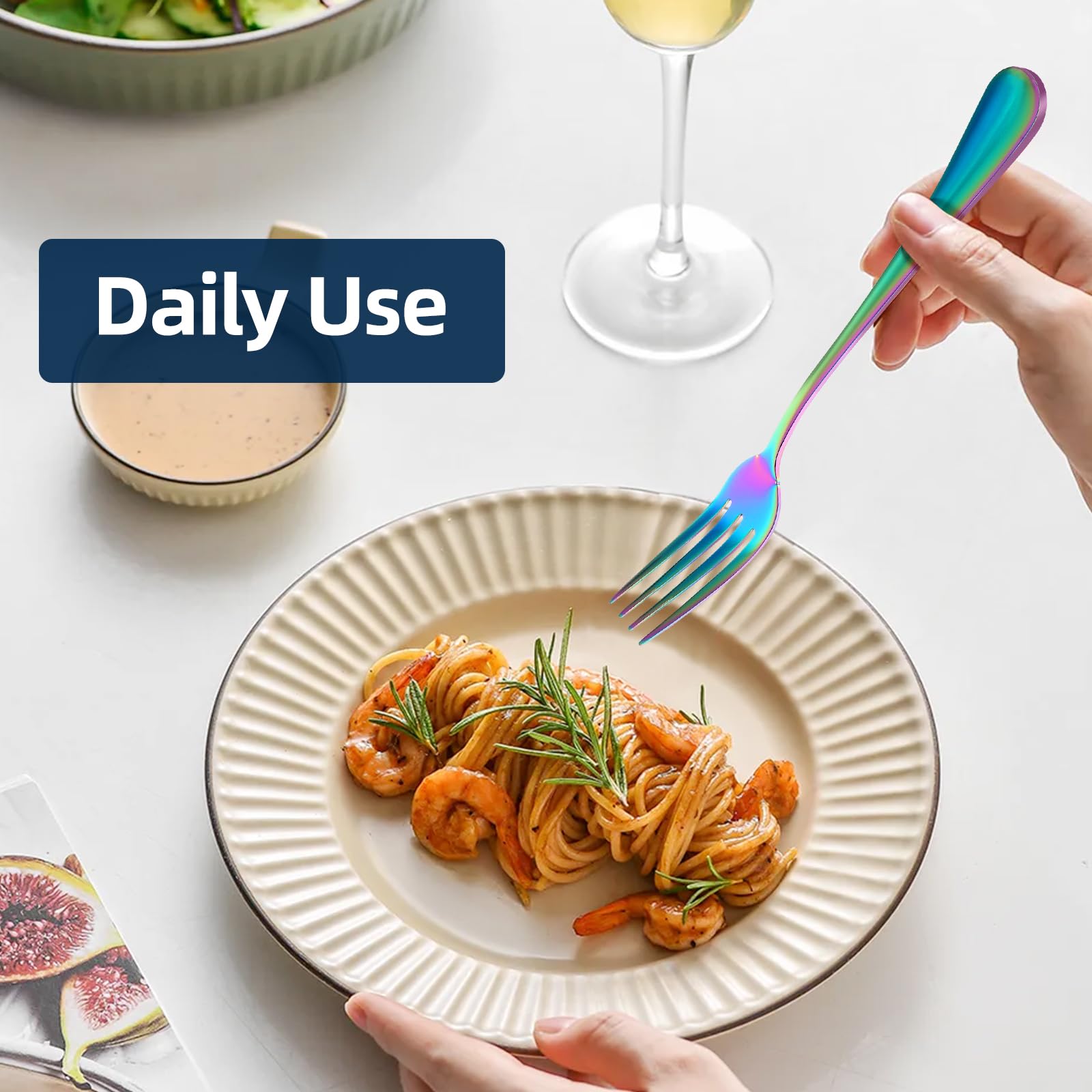 Juego de 16 tenedores de cena, juego de cubiertos de acero inoxidable de 8 pulgadas, juego de cubiertos de vajilla y cuchara de utensilios para restaurante en casa (multicolor)