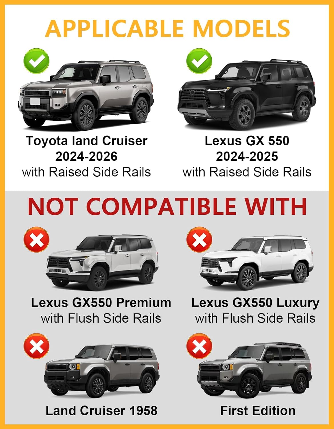 tuyoung 300lbs roof rack cross bars compatible with 2024 2025 2026 toyota land cruiser 250 & 2024 2025 lexus gx550 with raised side rails, lockable aluminum heavy duty roof rails crossbars compatible with toyota land cruiser 2024-2026