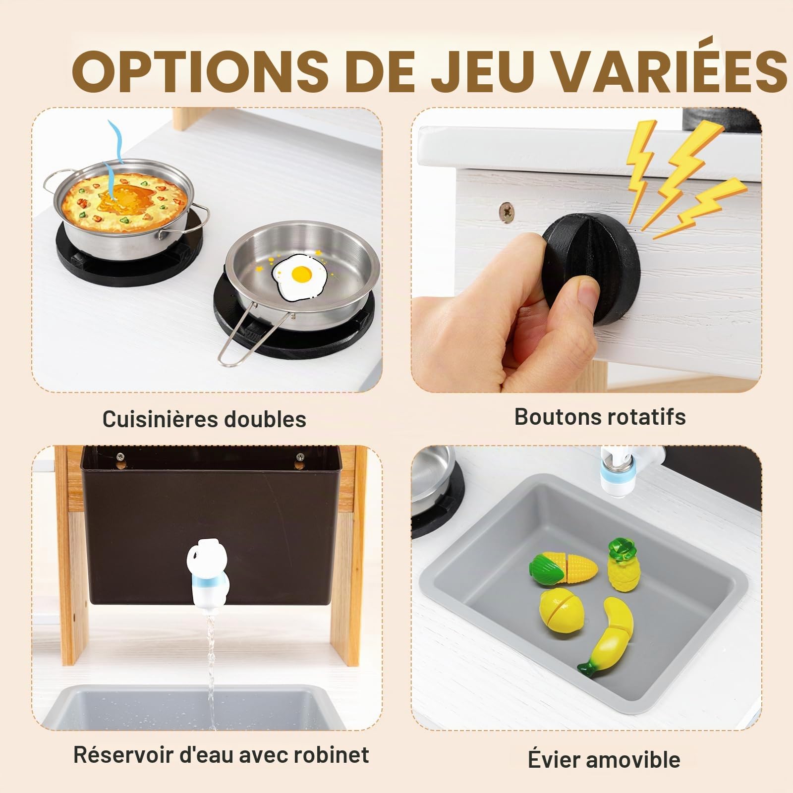 HOMASIS 2 en 1 Cuisine en Bois Double Face pour Enfants, Jouet d'Imitation pour Enfant avec Auvent, Evier Amovible, Réservoir d’Eau et Robinet, Ensemble de Cuisine d'Extérieur de Sapin, Naturel