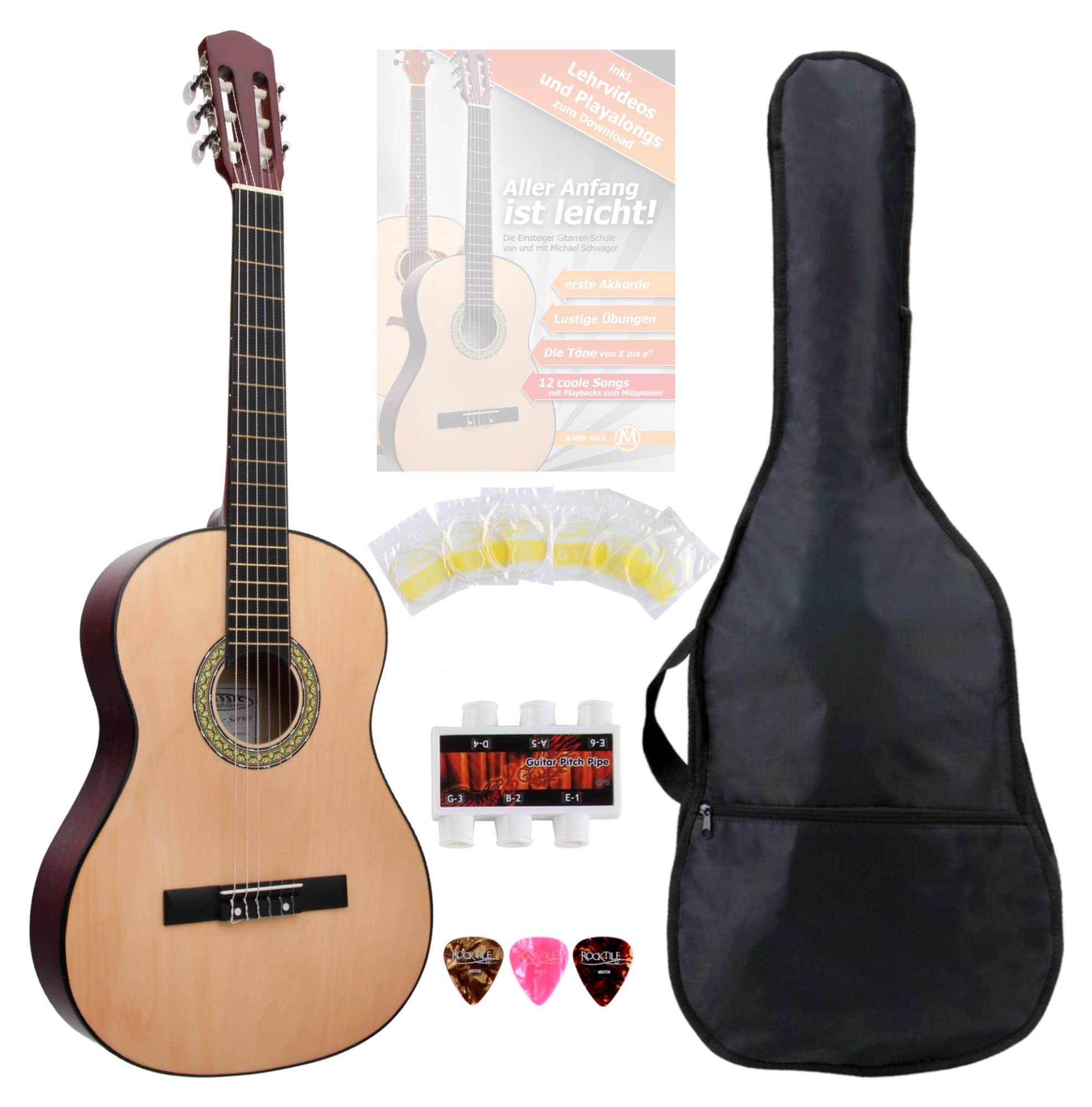 Classic Cantabile AS-851 1/2 Guitarra Clásica de Concierto Set para Principiantes con guitarra, funda gigbag, cuerdas nylon, libro/curso, 3 púas y afinador de silbato.