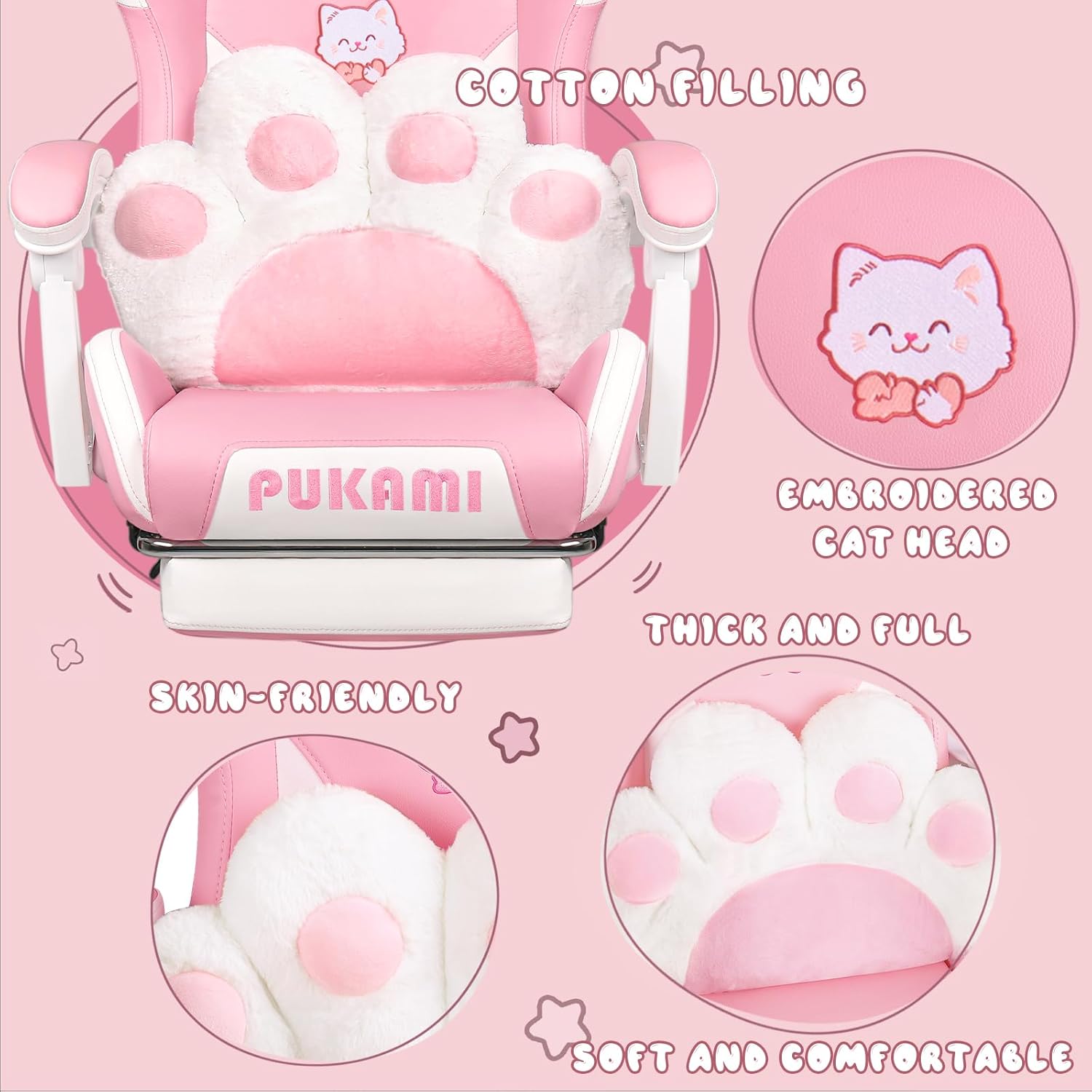 PUKAMI Pink Gaming Chair Cute with Cat Ears and Cat Paw Lumbar Cushion, Ergonomic Computer Chair for Girl with Footrest and Headrest, Comfortable Reclining PC Game Chair for Adult, Teen (Pink) - Image 4