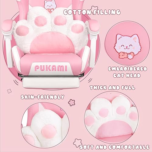 Miniatura 4 de PUKAMI Silla de juegos rosa linda con orejas de gato y cojín lumbar de pata de gato, silla ergonómica para computadora para niña con reposapiés y